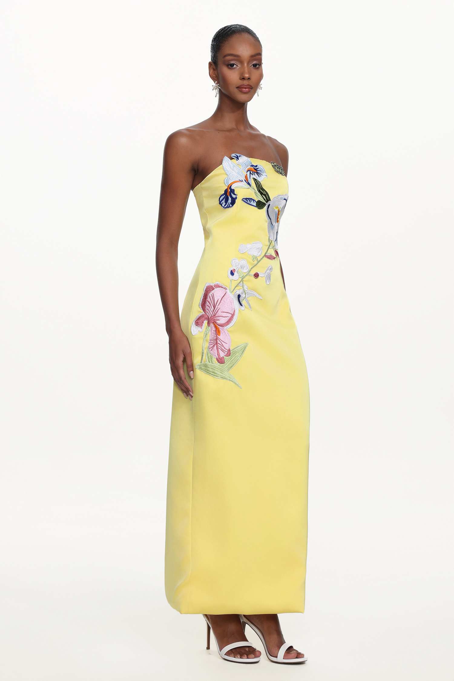 Diann Romantic Tailored Strapless Floral Embroidered Maxi Dress