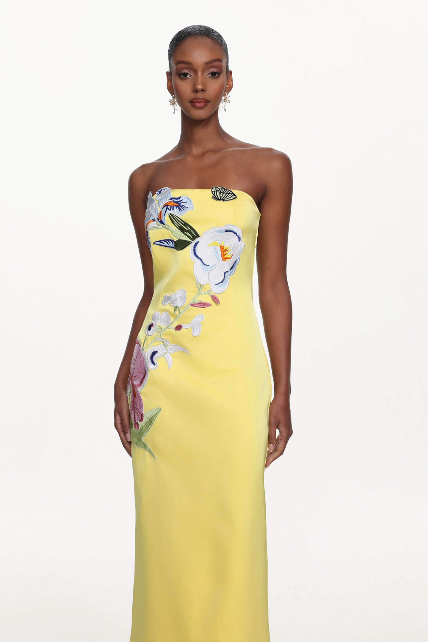 Diann Romantic Tailored Strapless Floral Embroidered Maxi Dress