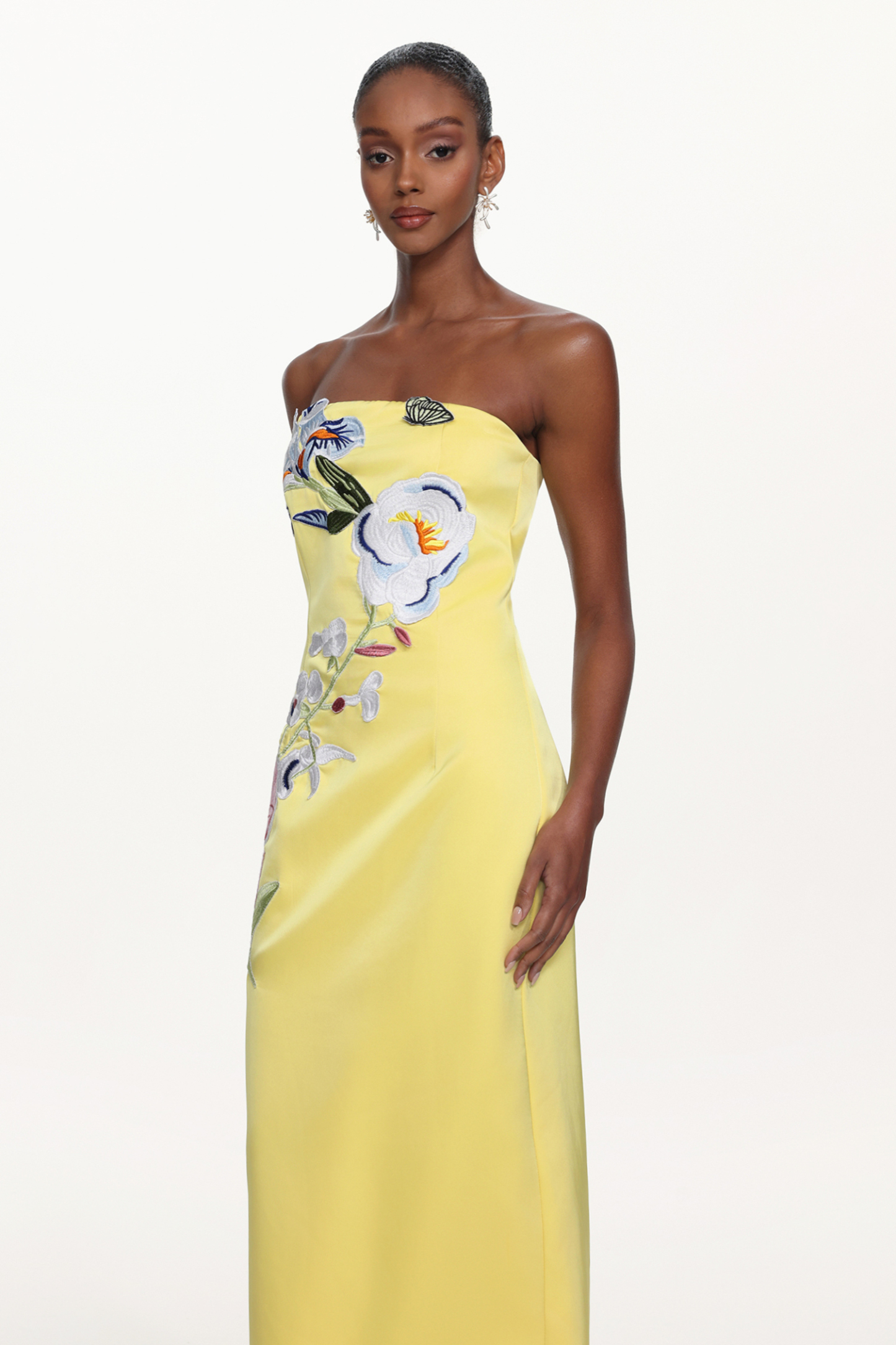 Diann Romantic Tailored Strapless Floral Embroidered Maxi Dress