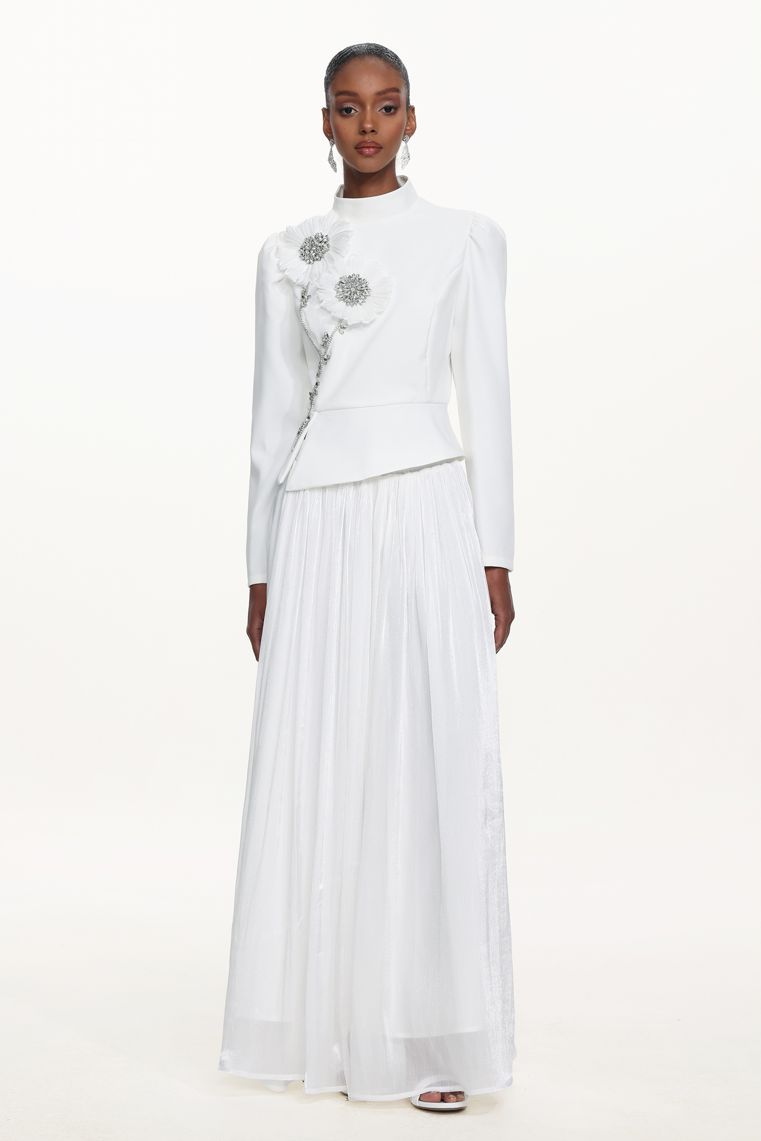 Sophiess Elegant Tailored Long Sleeve Floral Embroidered Top and Skirt Set