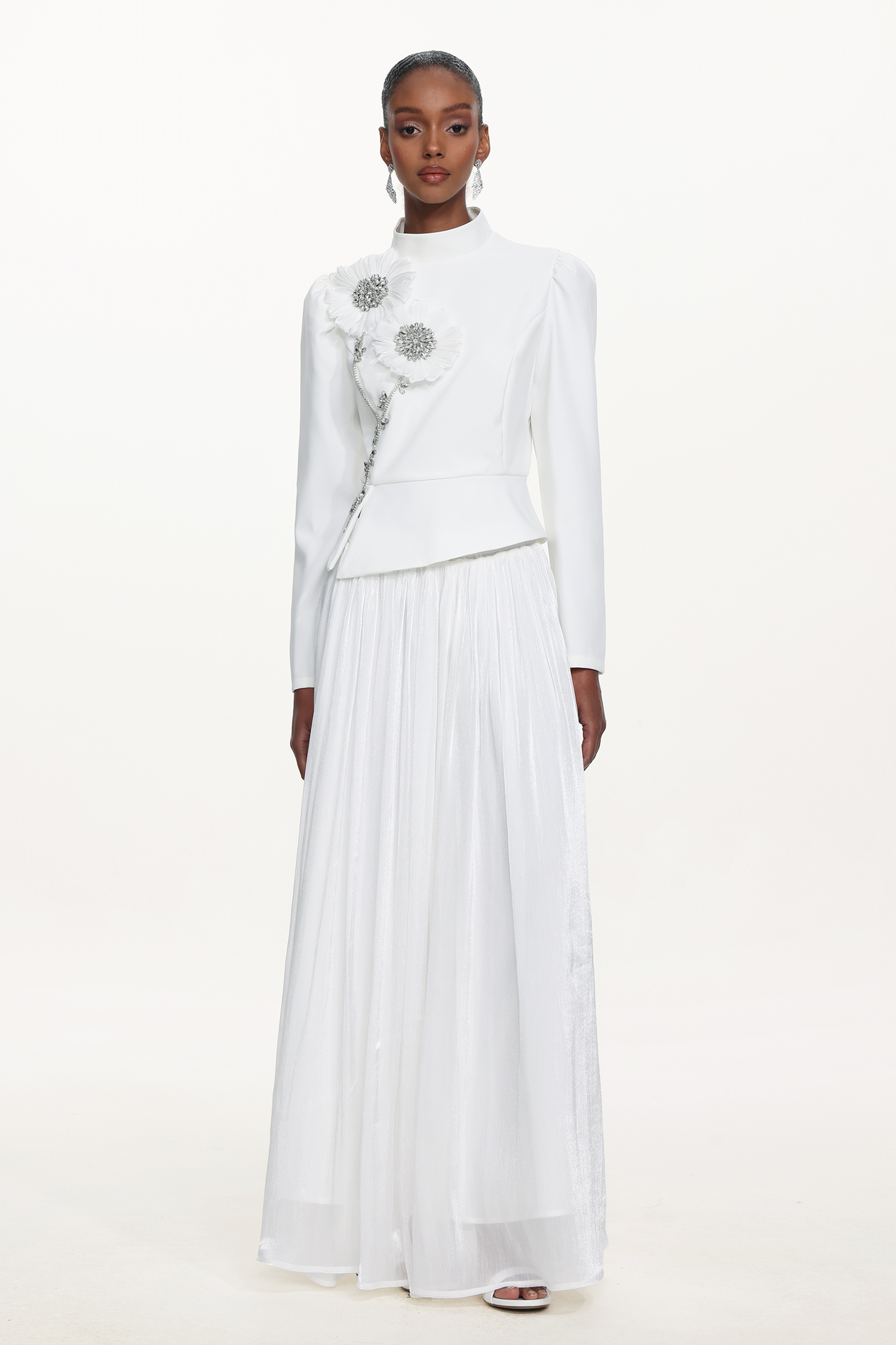 Sophiess Elegant Tailored Long Sleeve Floral Embroidered Top and Skirt Set