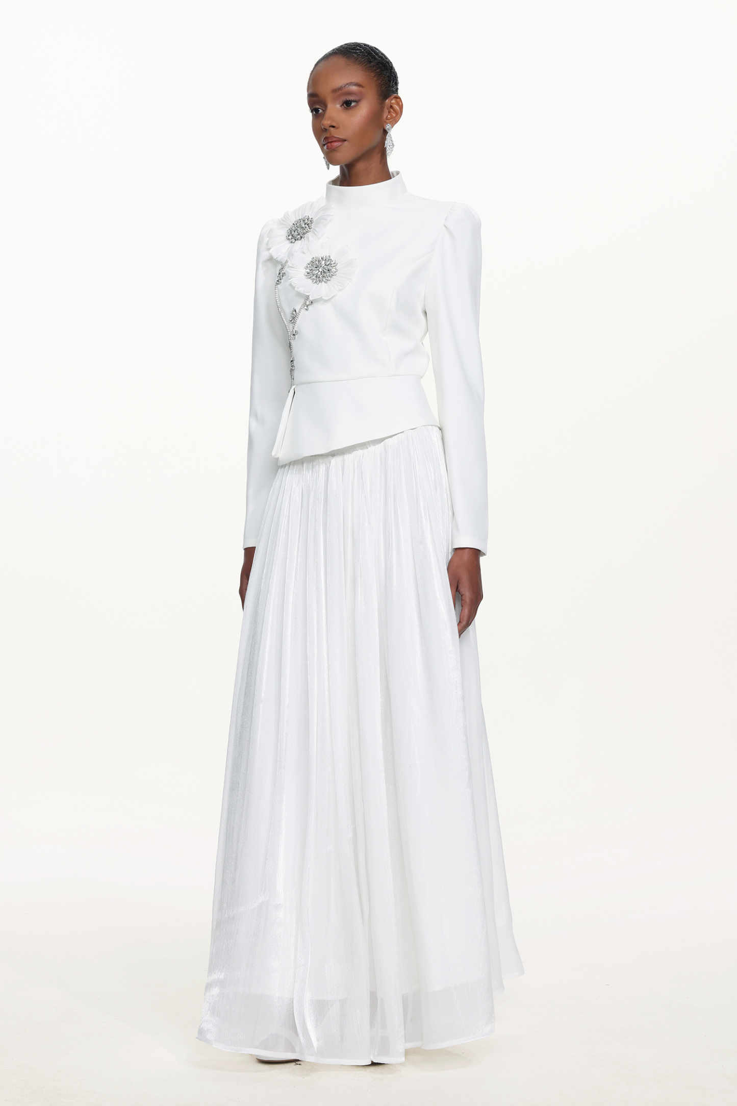 Sophiess Elegant Tailored Long Sleeve Floral Embroidered Top and Skirt Set