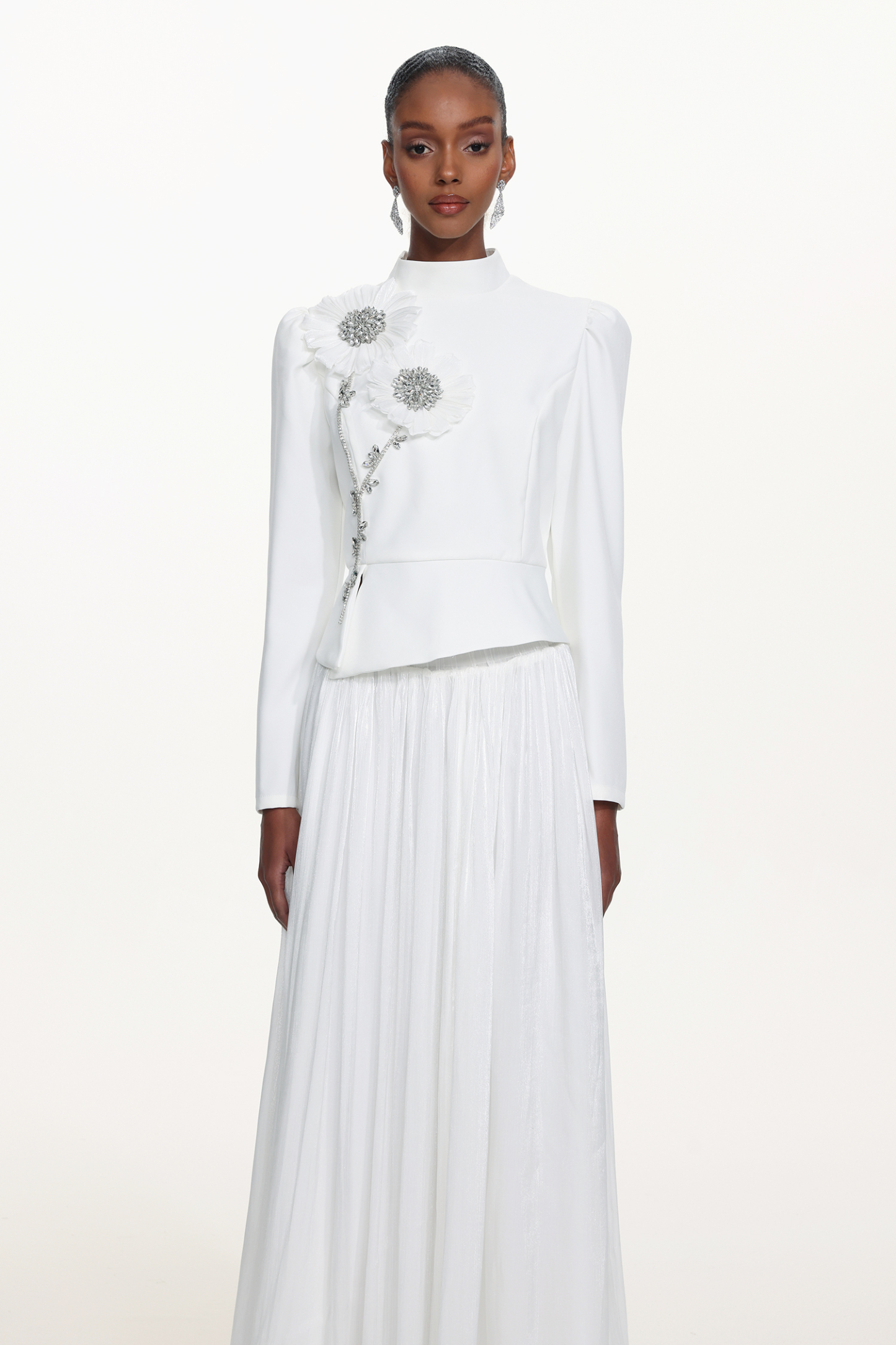 Sophiess Elegant Tailored Long Sleeve Floral Embroidered Top and Skirt Set