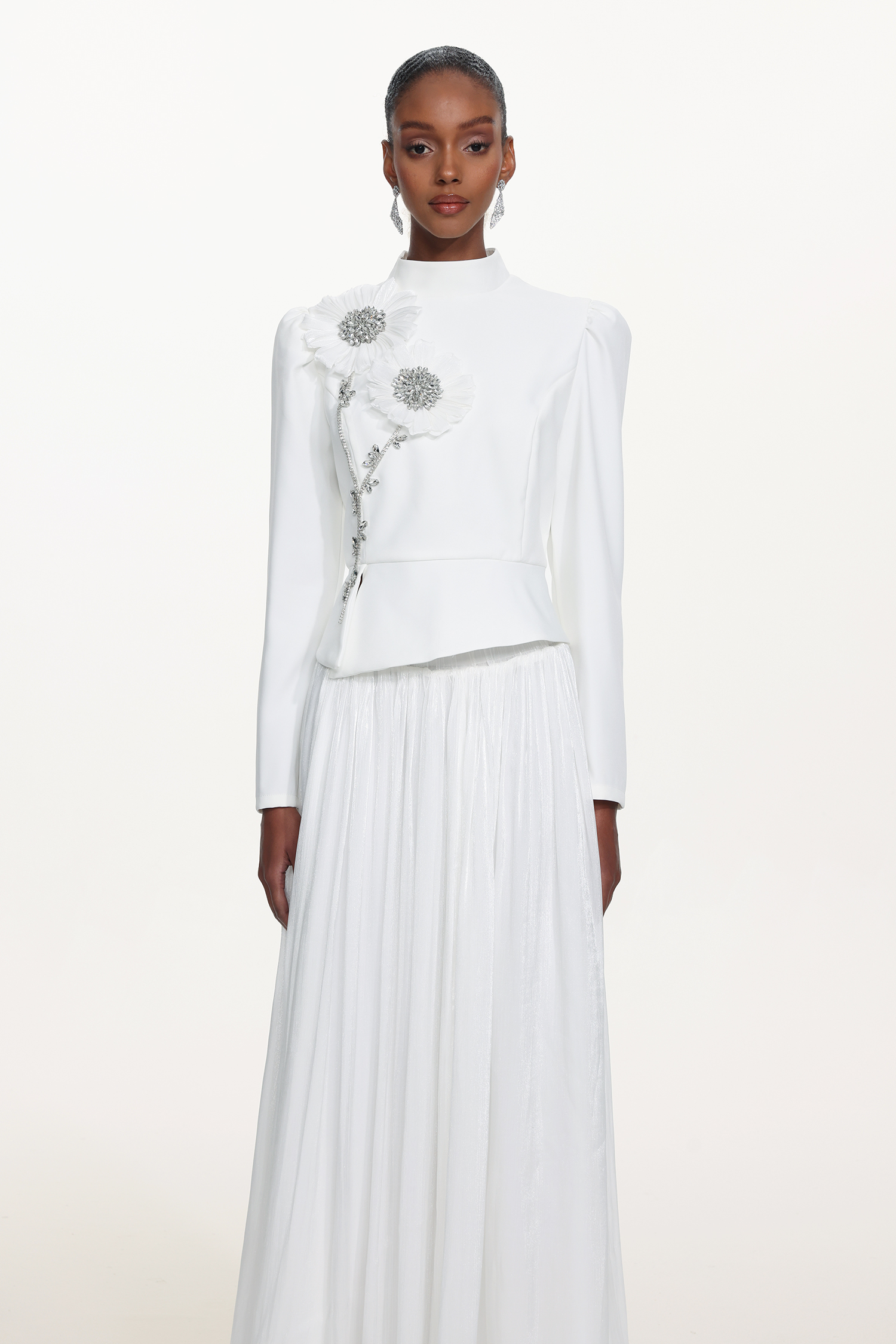 Sophiess Elegant Tailored Long Sleeve Floral Embroidered Top and Skirt Set