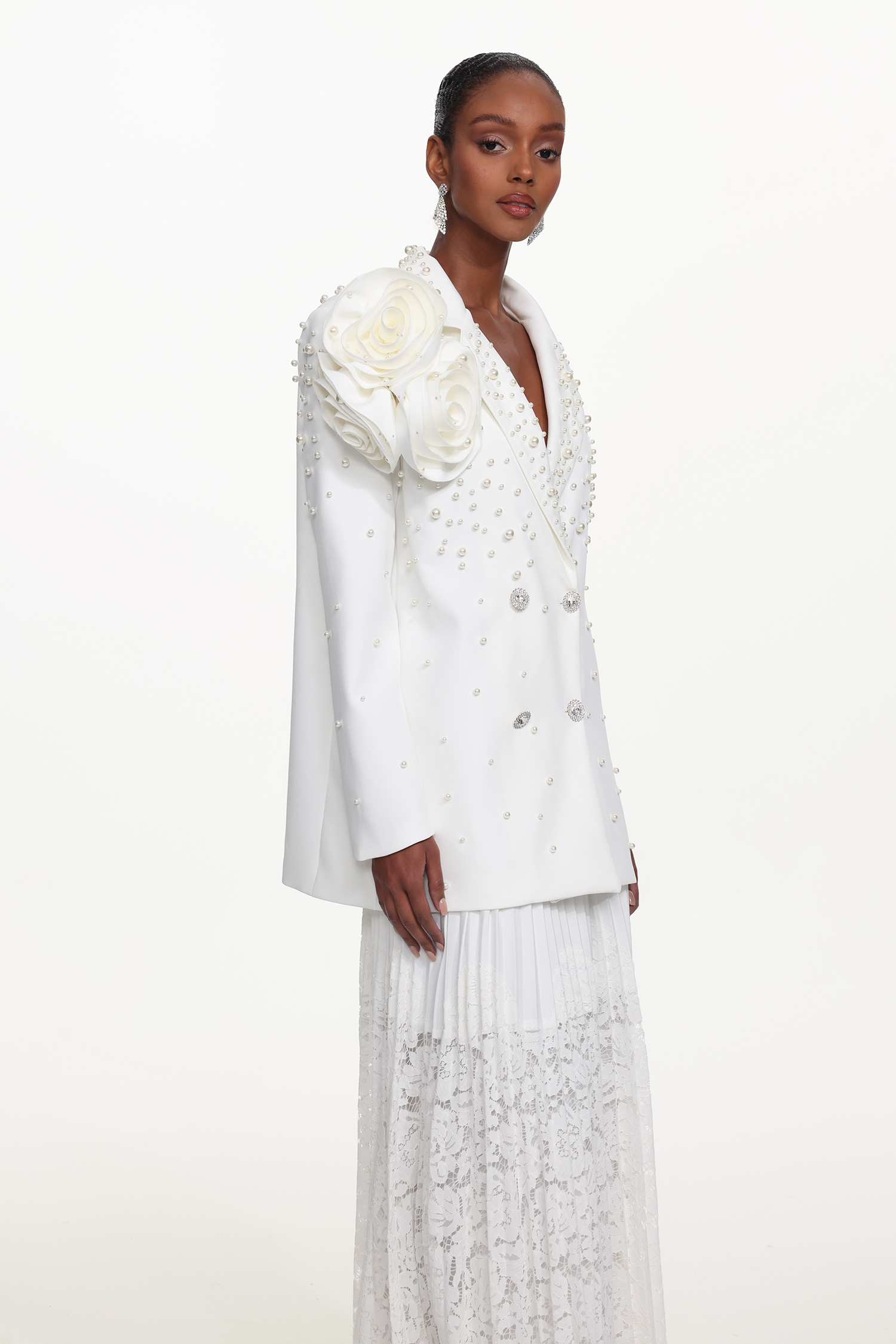 Lavender Romantic Tailored Long Sleeve Floral Pearl Blazer