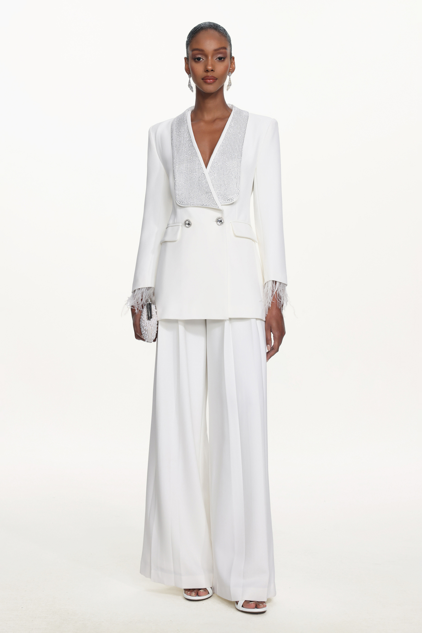 Ona Chic Tailored Long Sleeve Crystal Feather Blazer