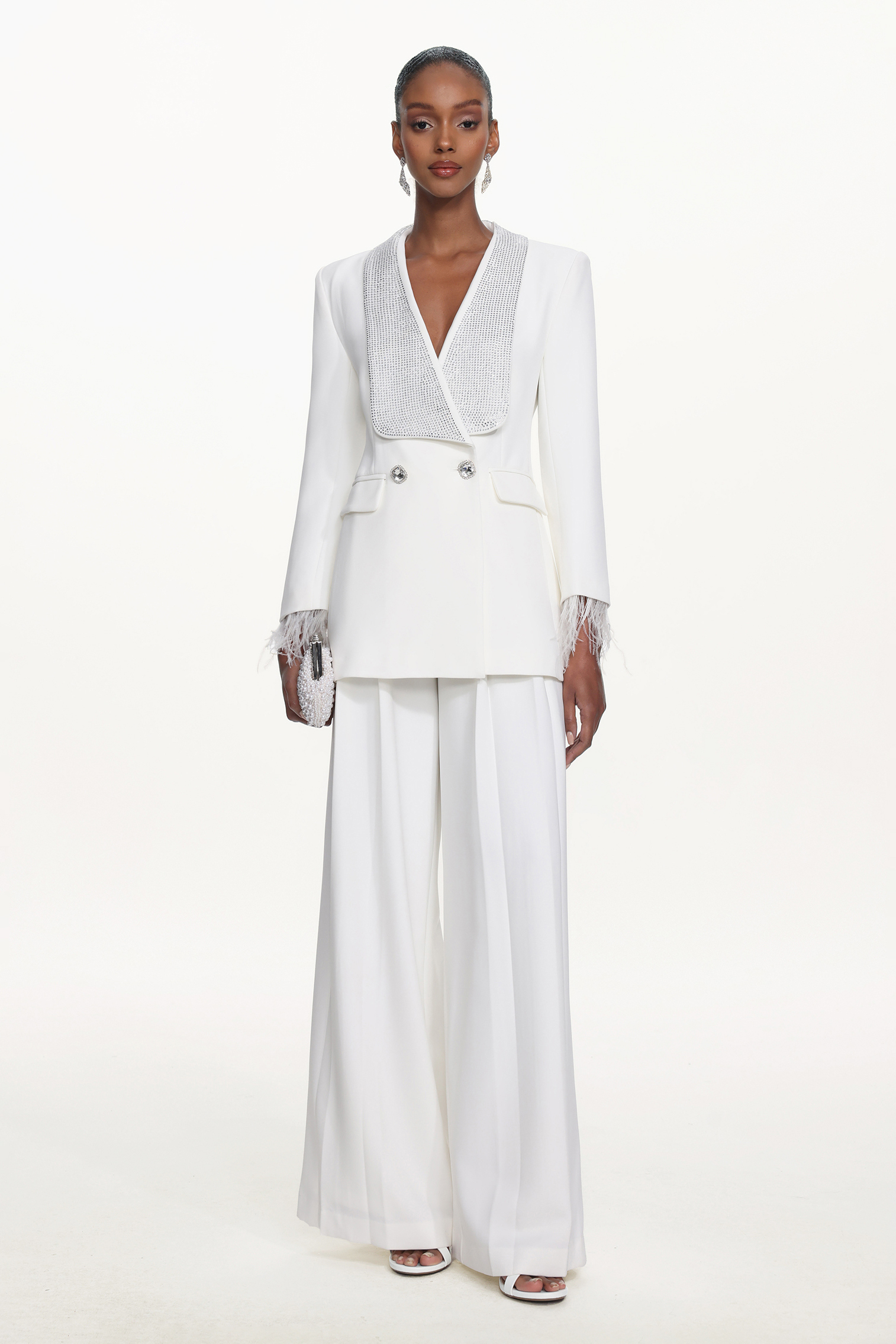 Ona Chic Tailored Long Sleeve Crystal Feather Blazer