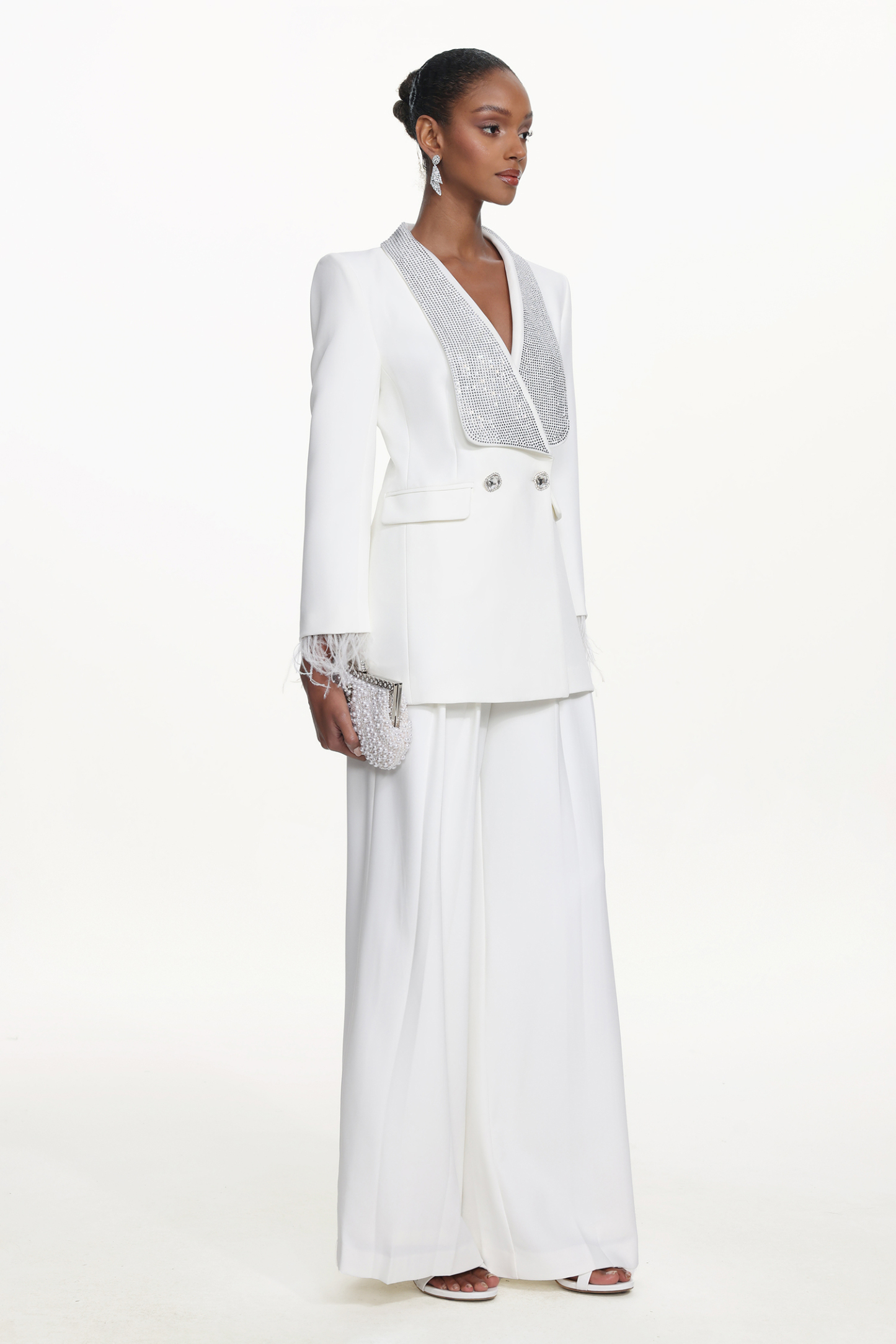 Ona Chic Tailored Long Sleeve Crystal Feather Blazer