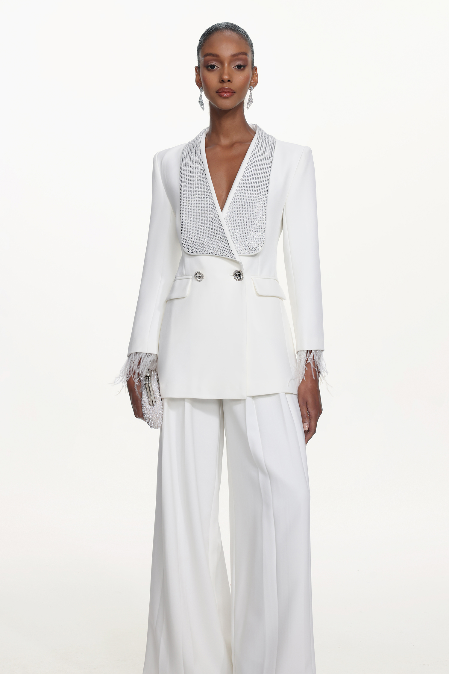 Ona Chic Tailored Long Sleeve Crystal Feather Blazer