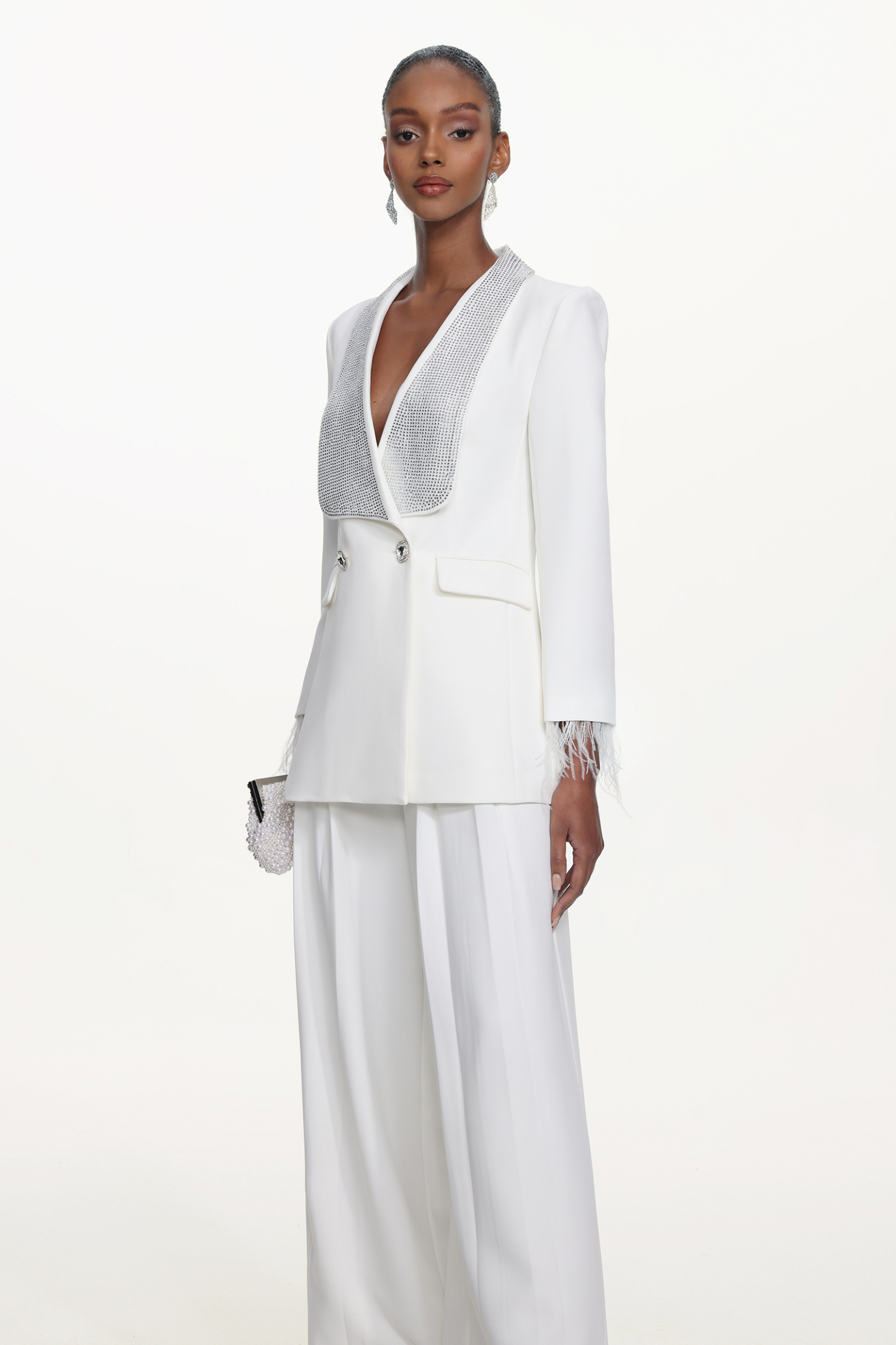 Ona Chic Tailored Long Sleeve Crystal Feather Blazer