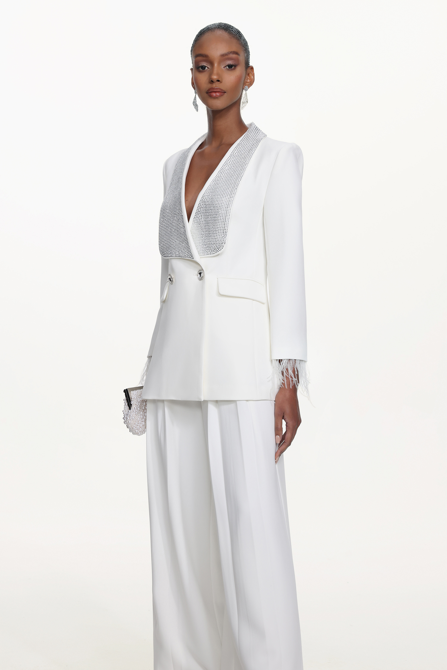 Ona Chic Tailored Long Sleeve Crystal Feather Blazer