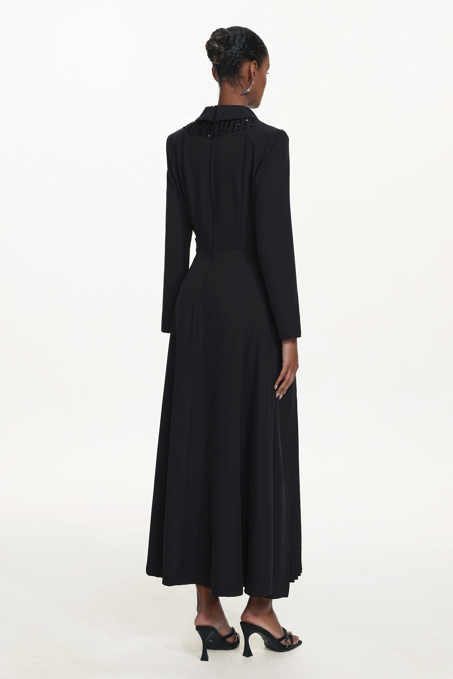 Edwina Elegant Tailored Long Sleeve Asymmetric Beaded Fringe Pleated Maxi Dress