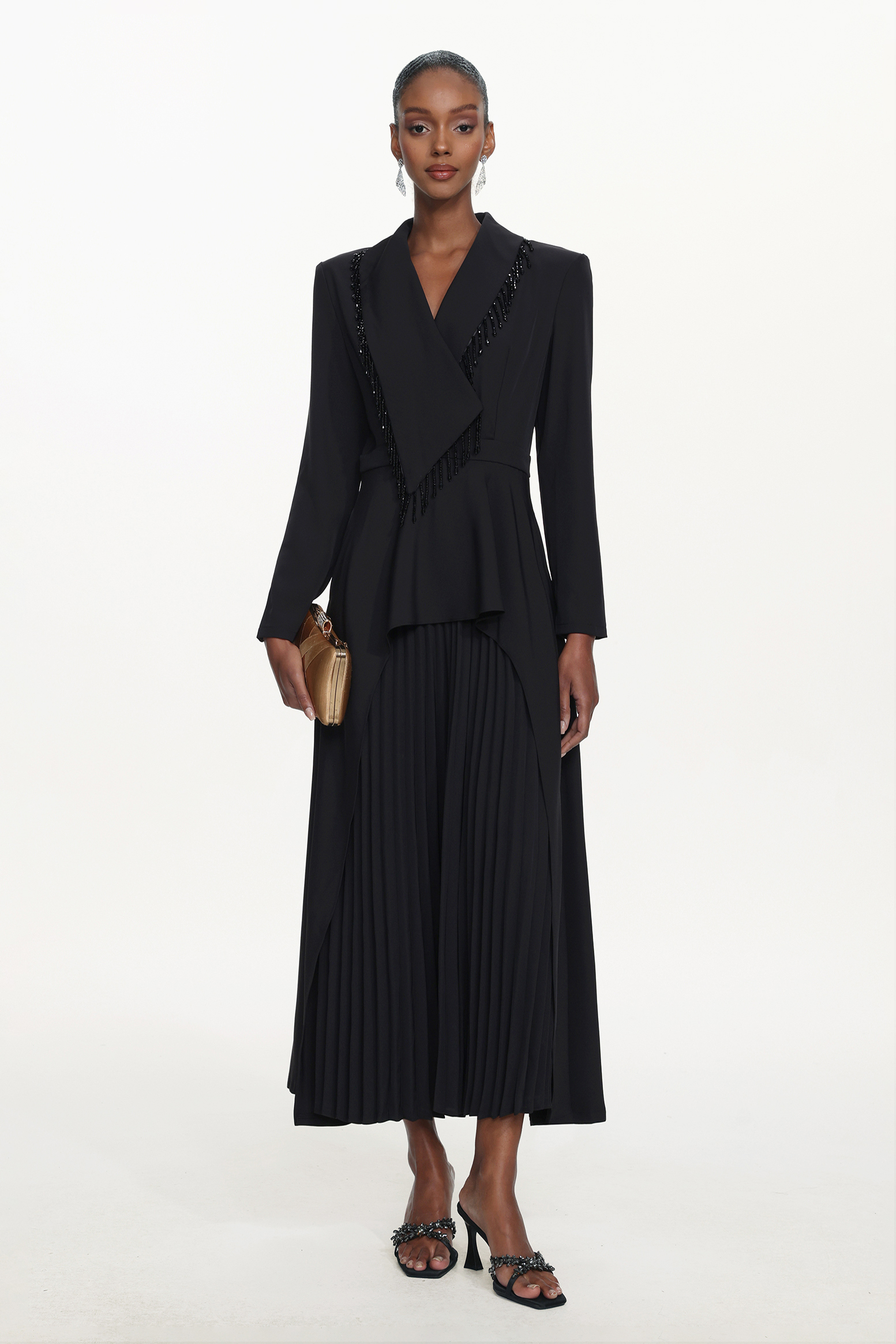 Edwina Elegant Tailored Long Sleeve Asymmetric Beaded Fringe Pleated Maxi Dress