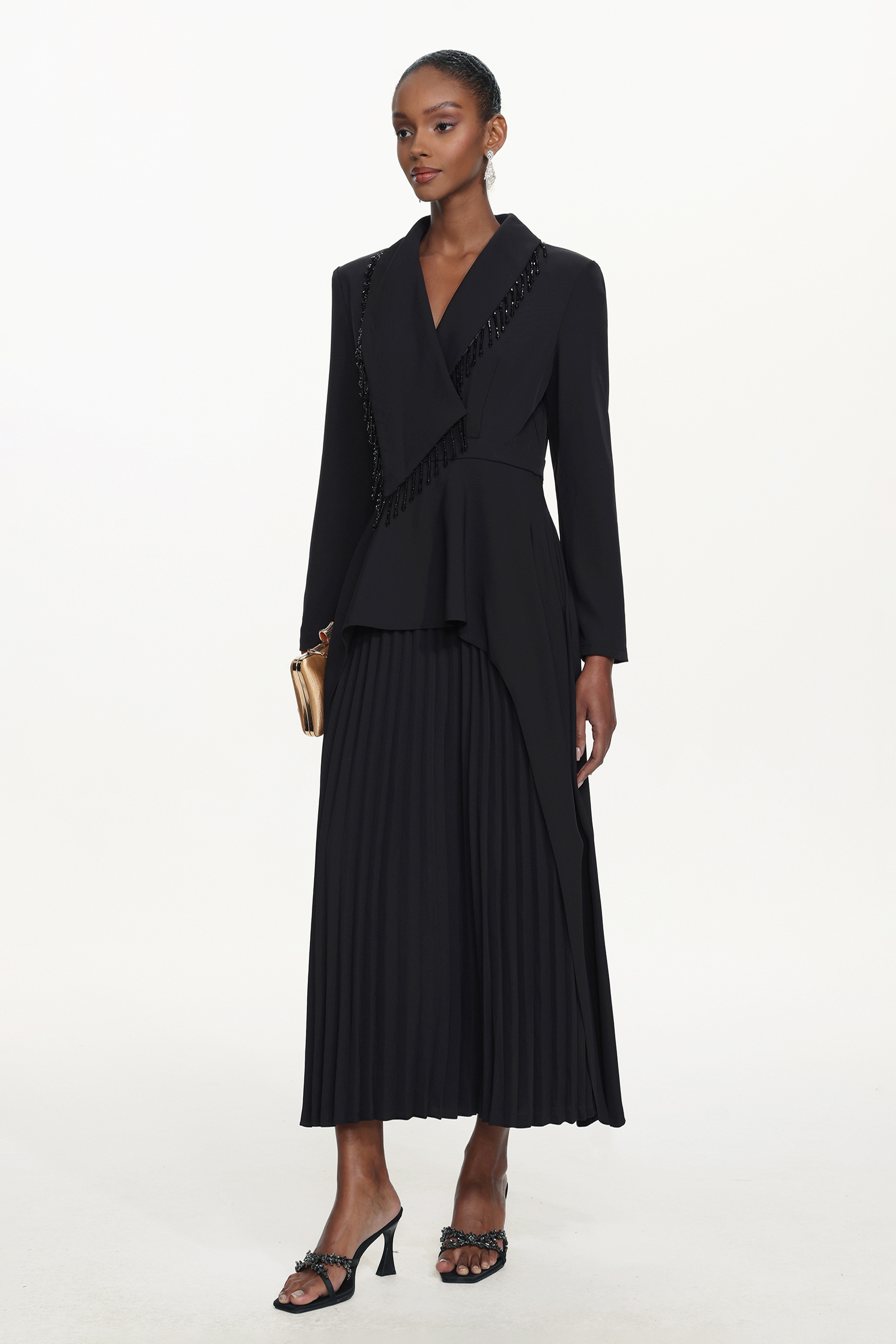 Edwina Elegant Tailored Long Sleeve Asymmetric Beaded Fringe Pleated Maxi Dress