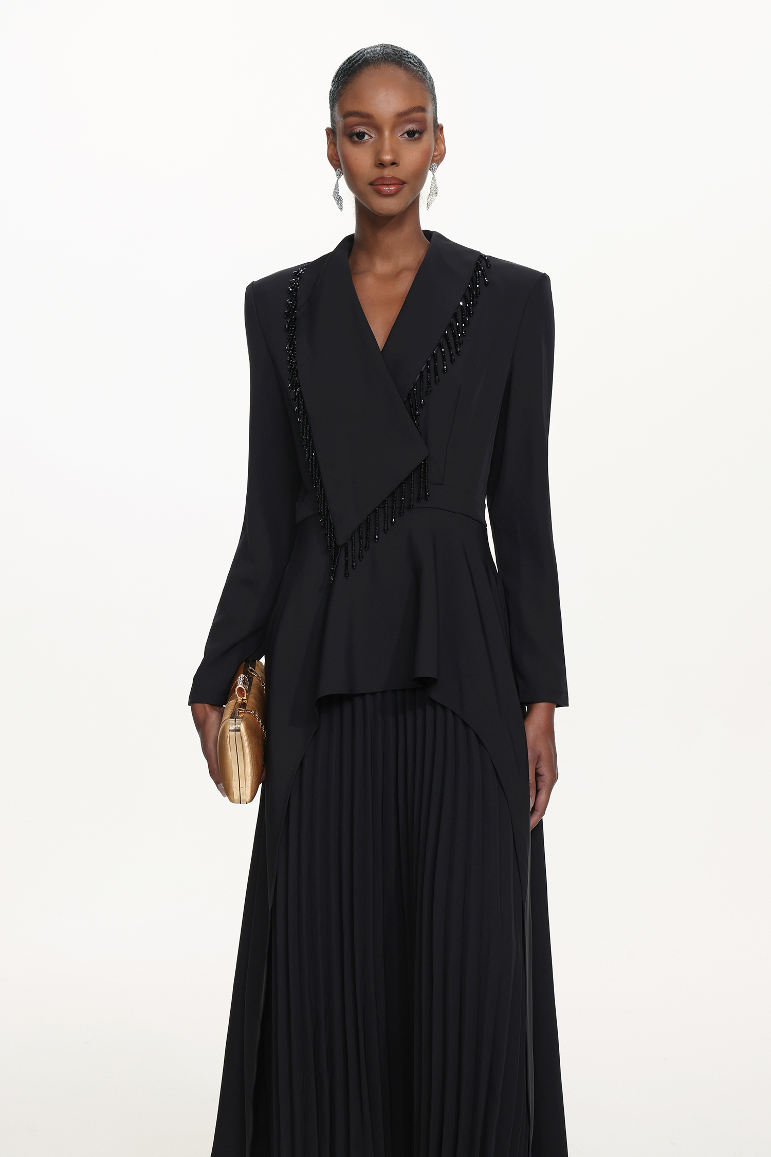 Edwina Elegant Tailored Long Sleeve Asymmetric Beaded Fringe Pleated Maxi Dress