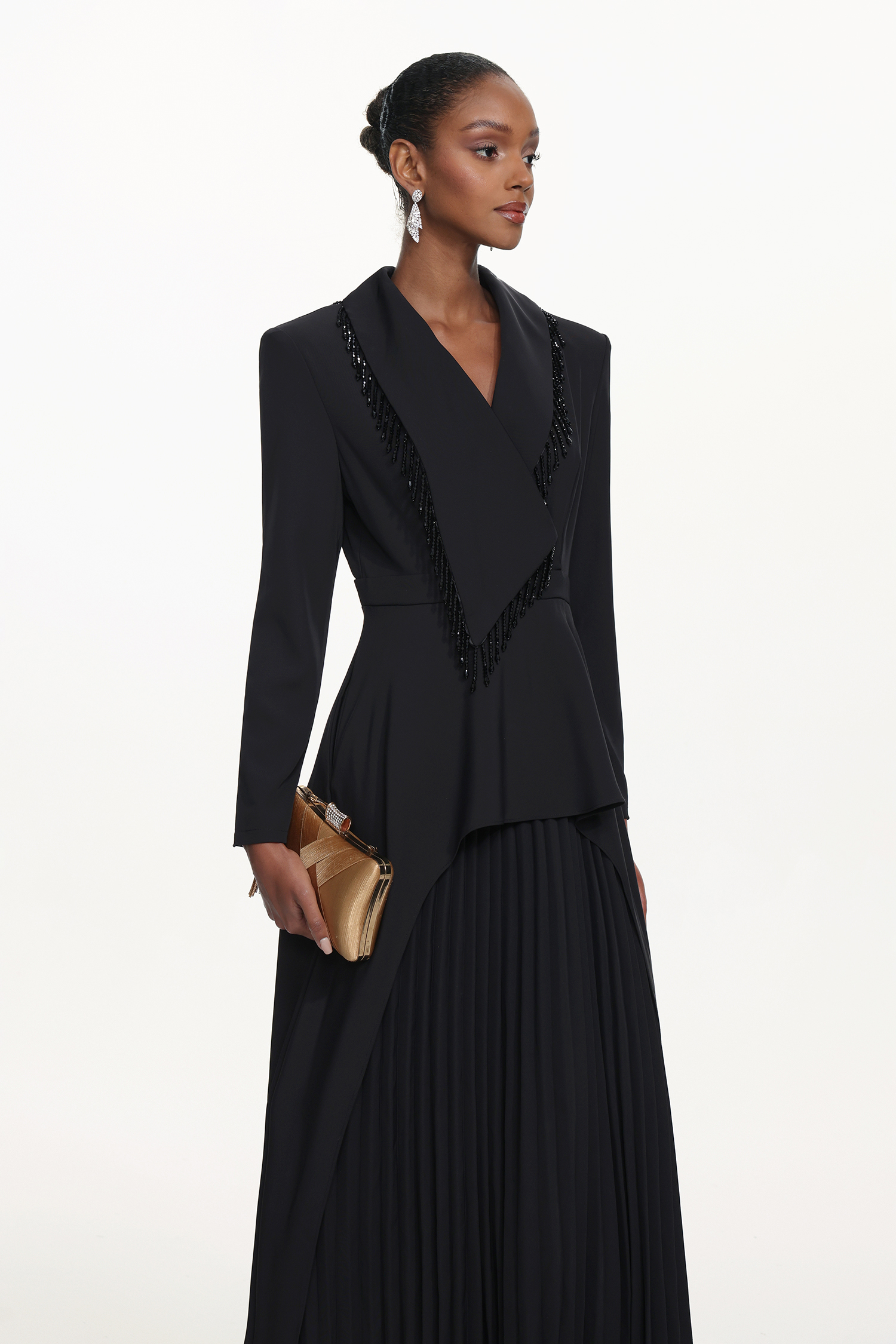 Edwina Elegant Tailored Long Sleeve Asymmetric Beaded Fringe Pleated Maxi Dress