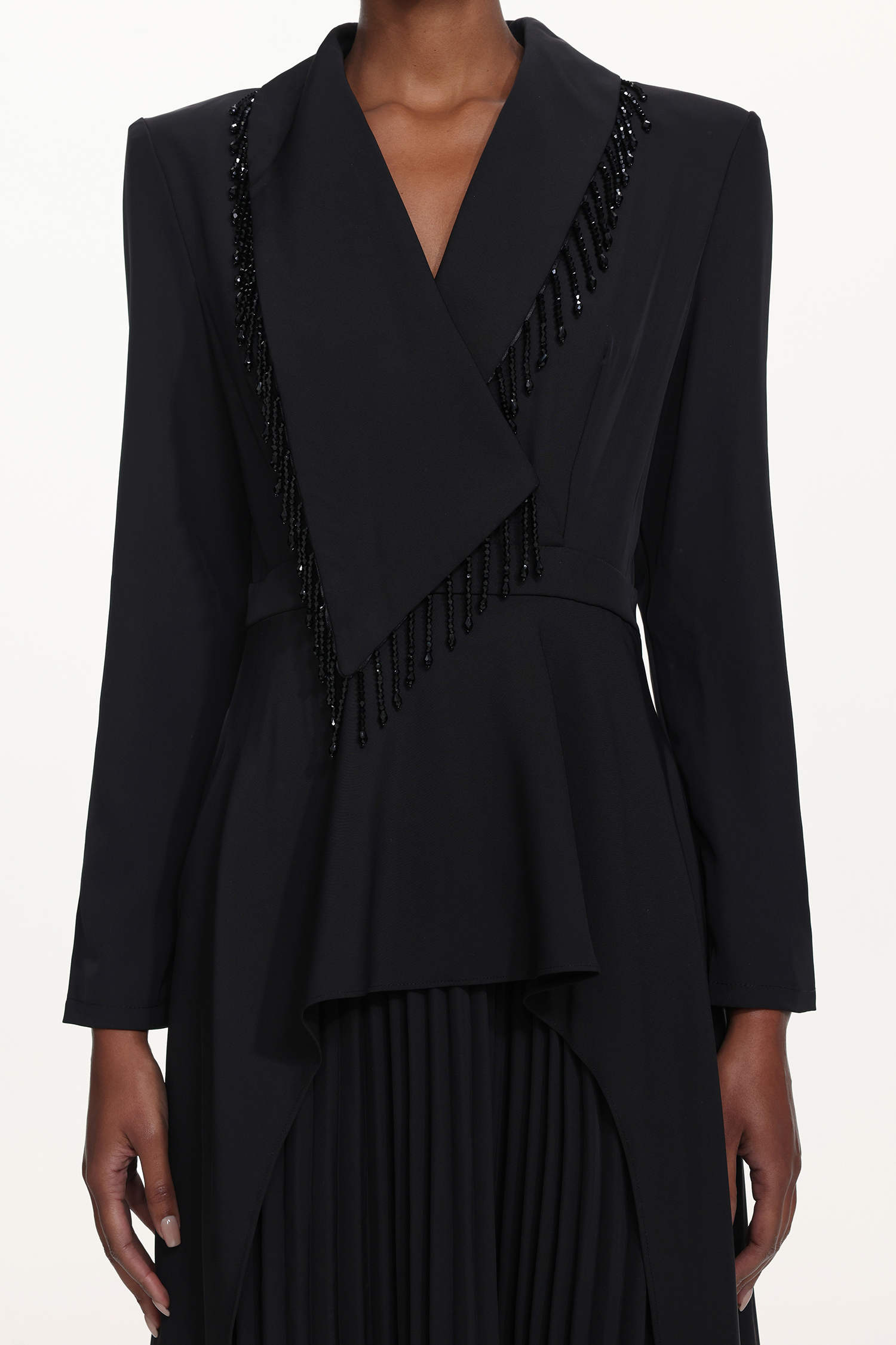 Edwina Elegant Tailored Long Sleeve Asymmetric Beaded Fringe Pleated Maxi Dress