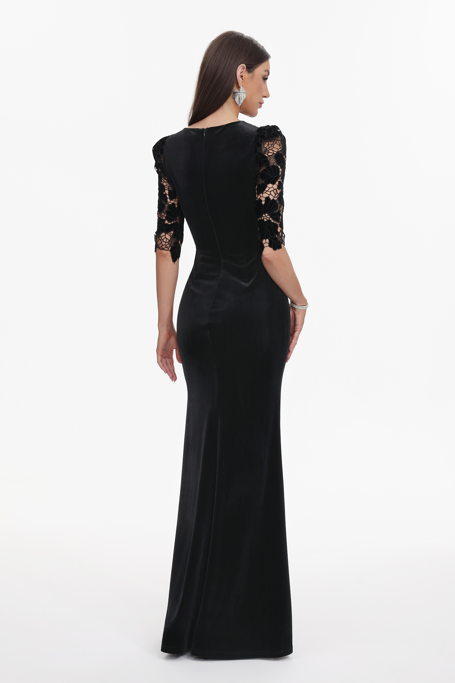 Koper Elegant Contour Half Sleeve Lace Velvet Maxi Dress