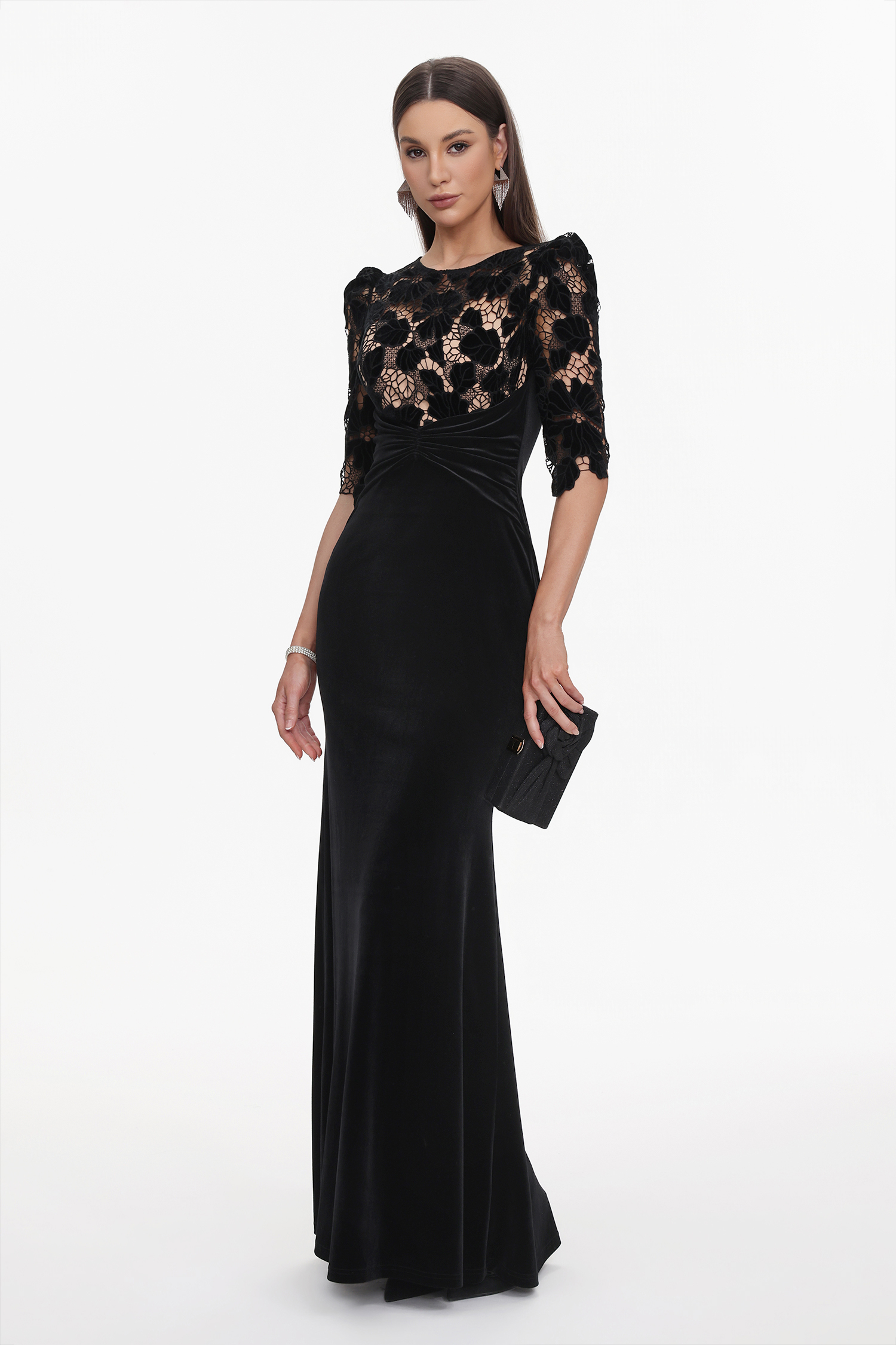 Koper Elegant Contour Half Sleeve Lace Velvet Maxi Dress