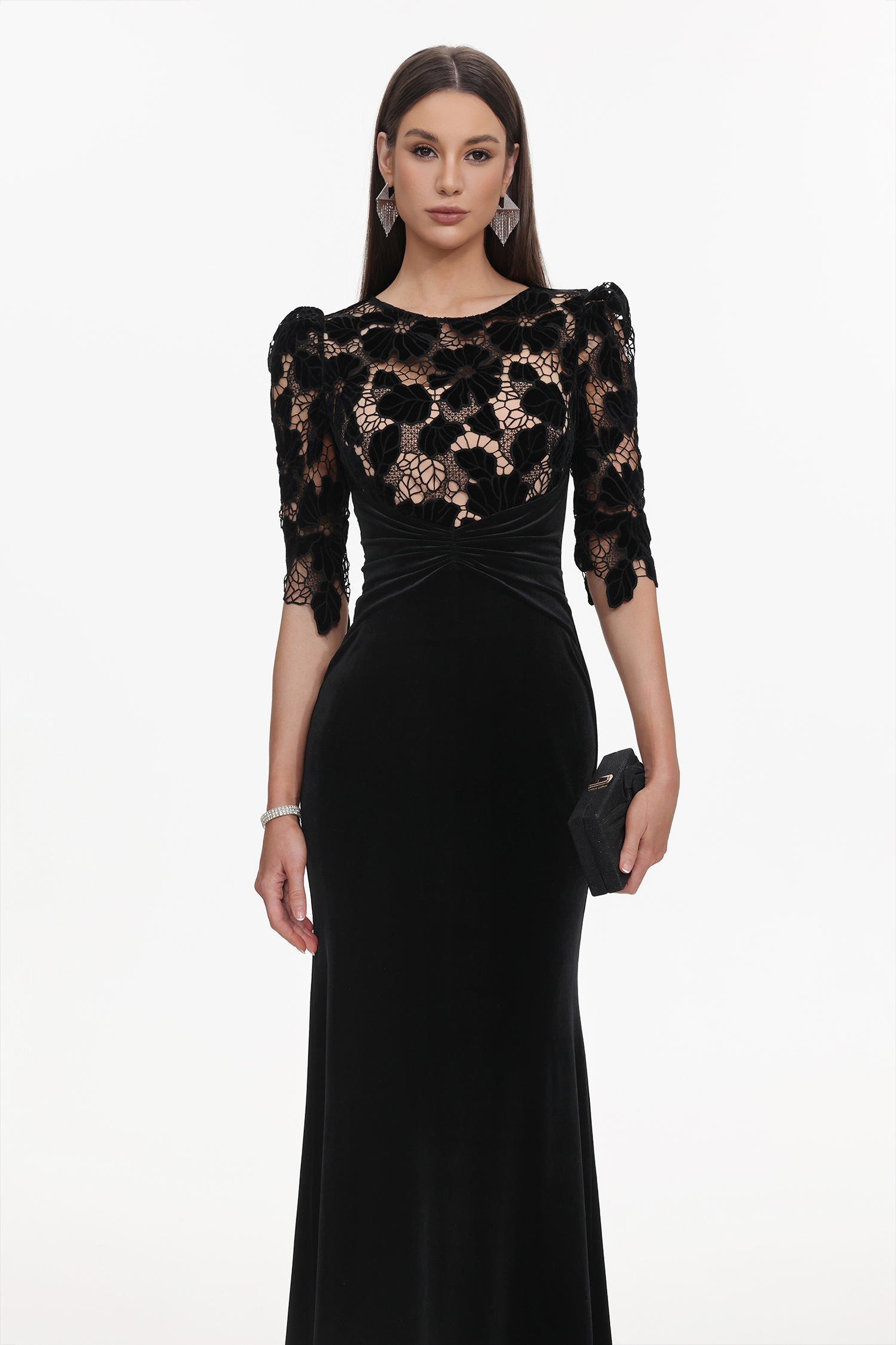 Koper Elegant Contour Half Sleeve Lace Velvet Maxi Dress