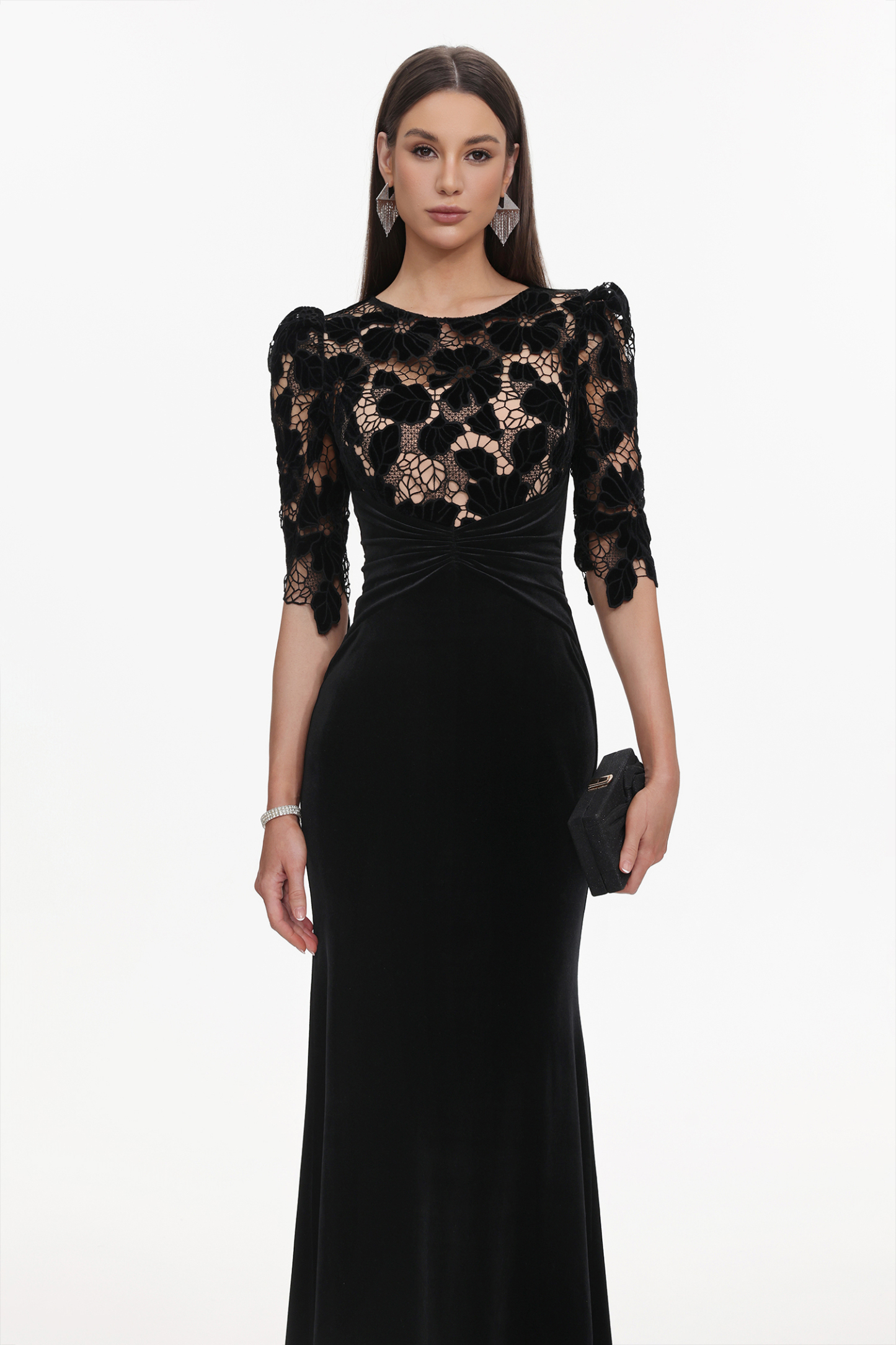 Koper Elegant Contour Half Sleeve Lace Velvet Maxi Dress