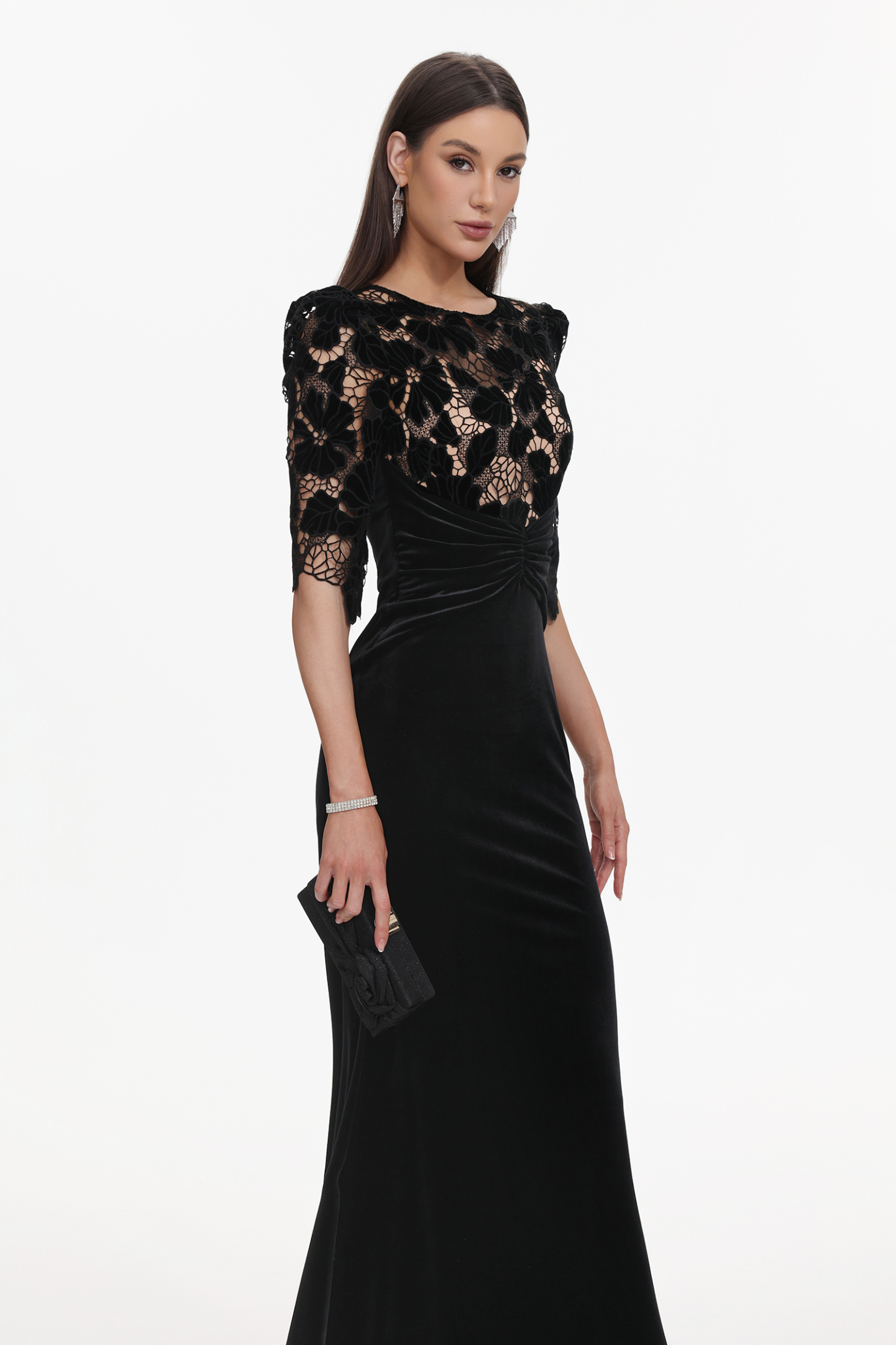 Koper Elegant Contour Half Sleeve Lace Velvet Maxi Dress
