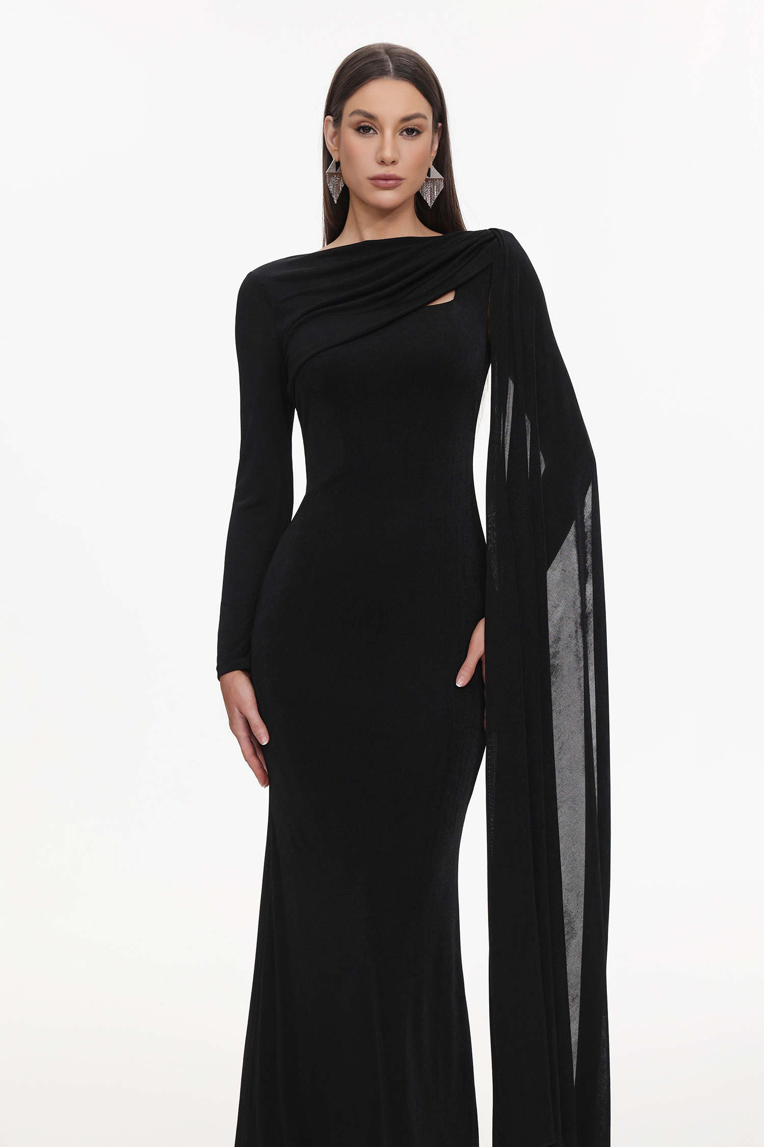 Louxia Elegant Contour One Sleeve Asymmetric Cape Maxi Dress