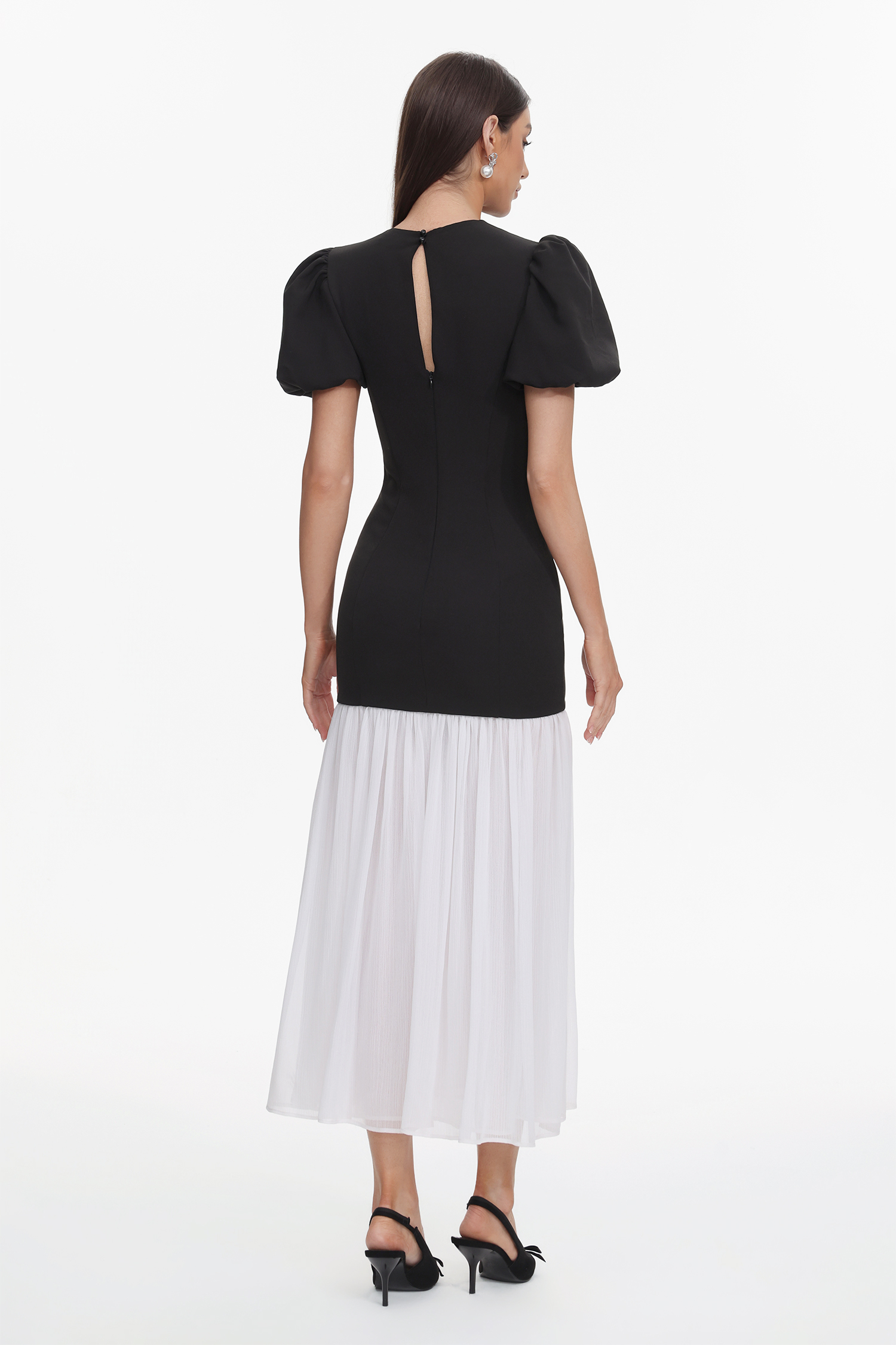 Spiral Classic Tailored Puff Sleeve Pleated Contrast Maxi Dress