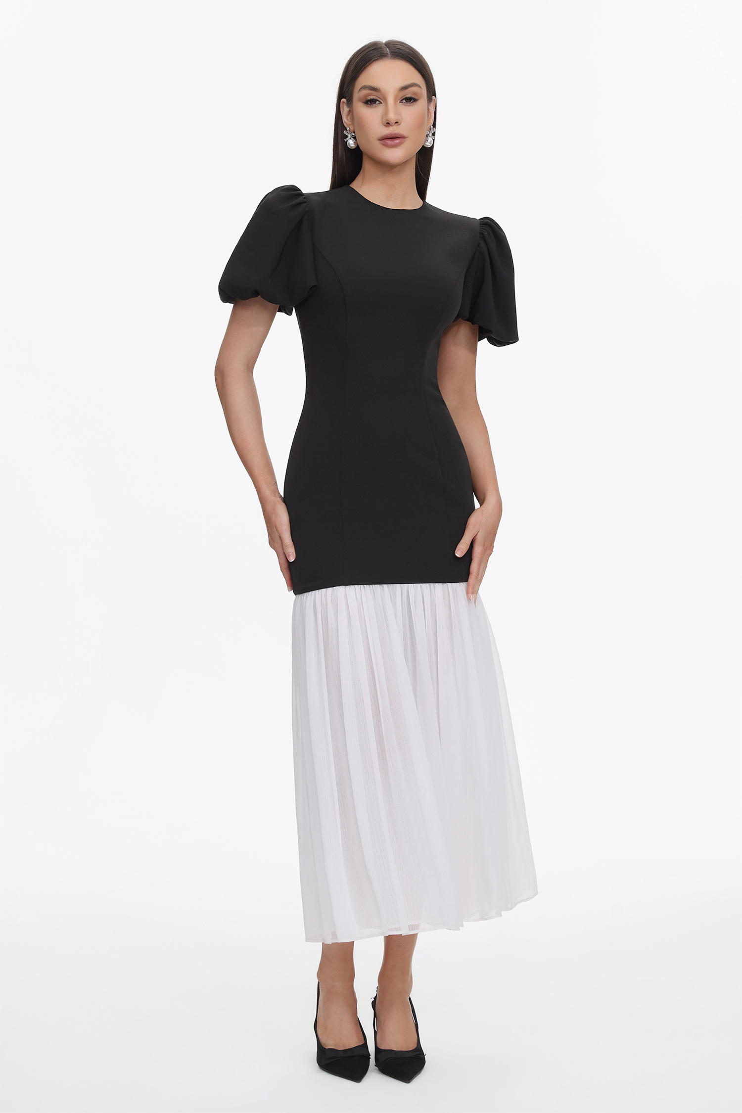 Spiral Classic Tailored Puff Sleeve Pleated Contrast Maxi Dress