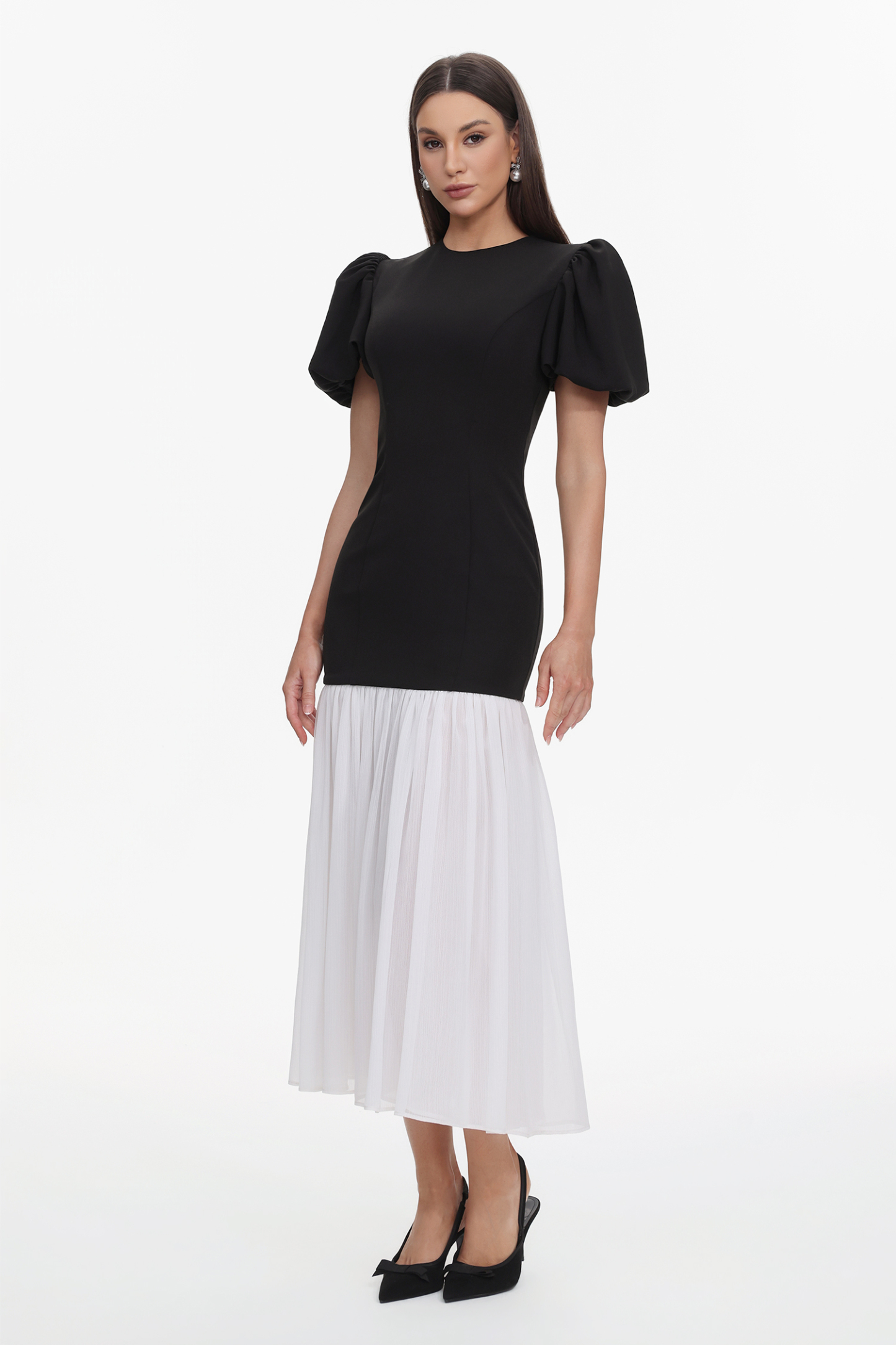 Spiral Classic Tailored Puff Sleeve Pleated Contrast Maxi Dress
