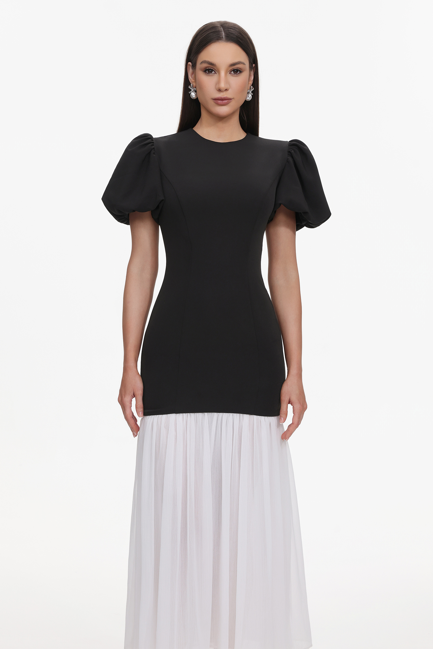 Spiral Classic Tailored Puff Sleeve Pleated Contrast Maxi Dress