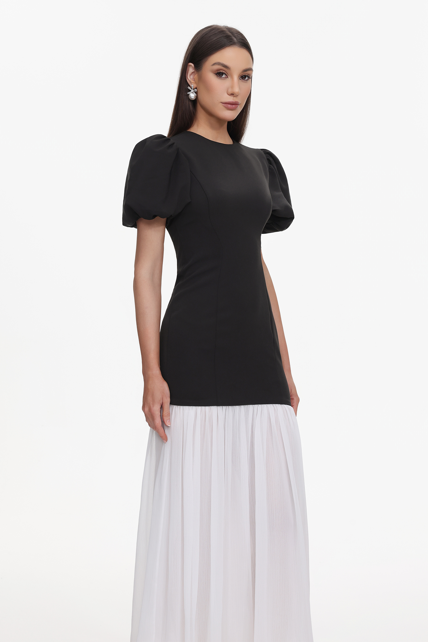 Spiral Classic Tailored Puff Sleeve Pleated Contrast Maxi Dress