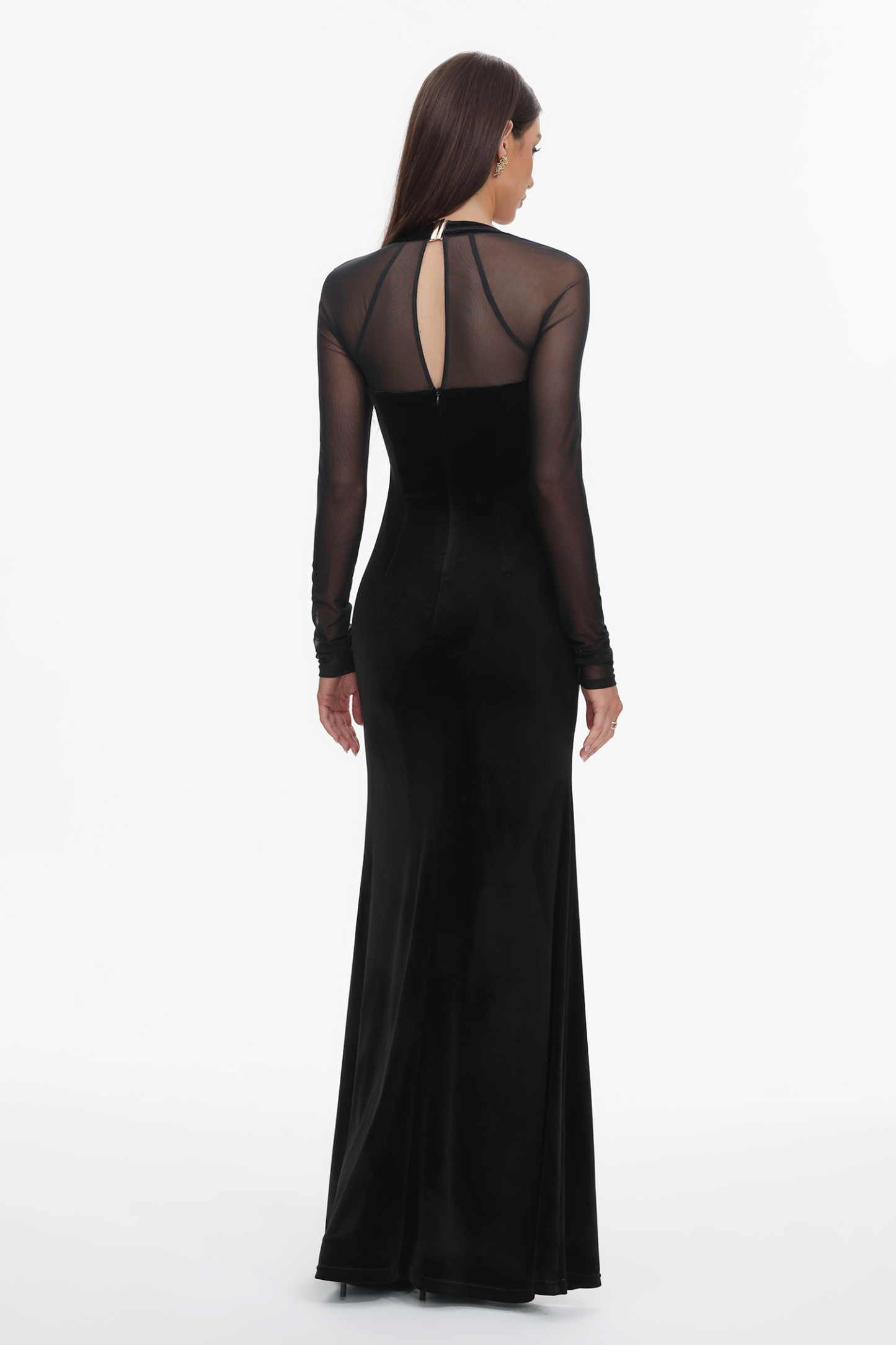 Rae Elegant  Contour Long Sleeve High Slit Velvet Maxi Dress
