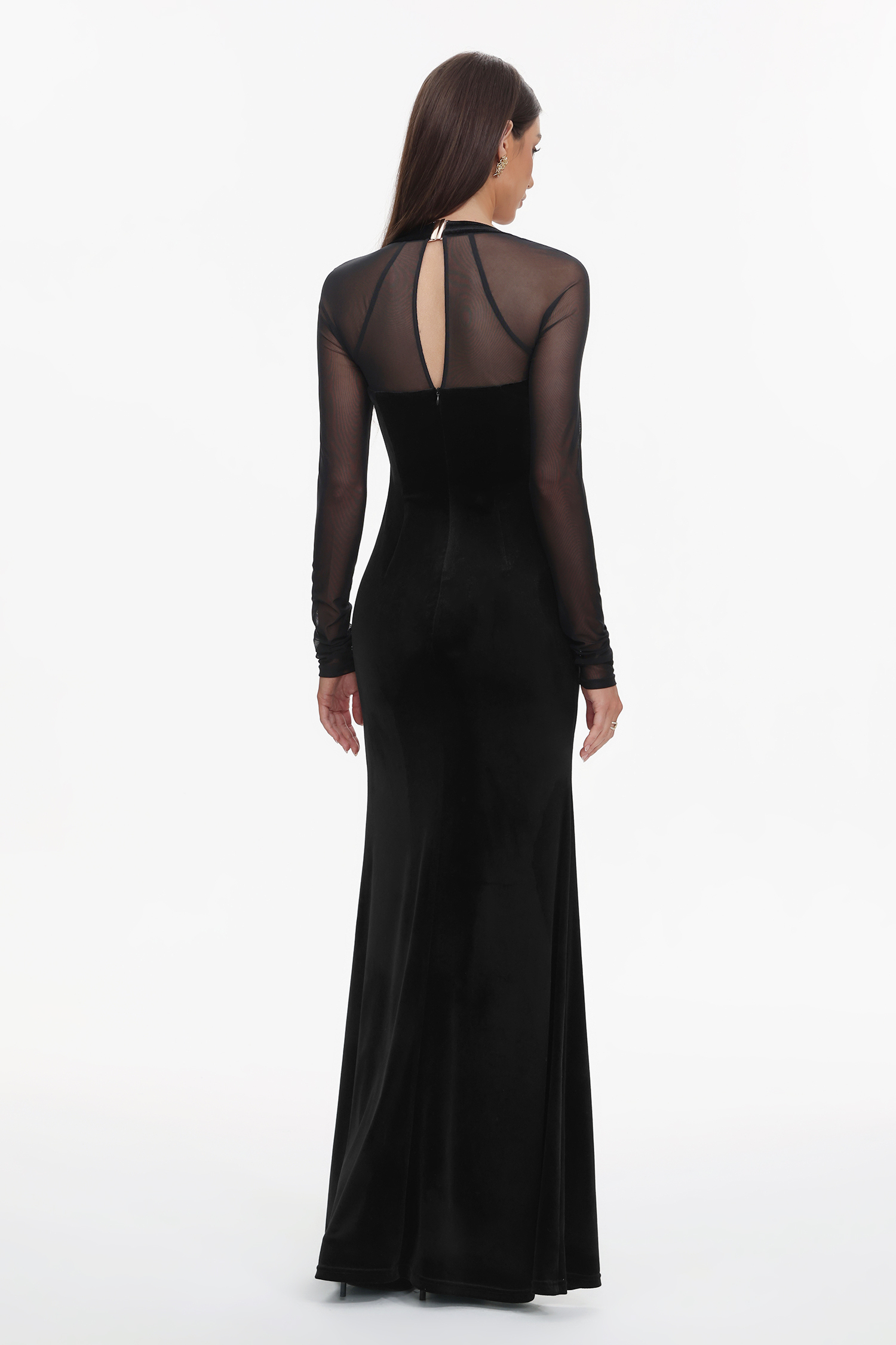 Rae Elegant  Contour Long Sleeve High Slit Velvet Maxi Dress