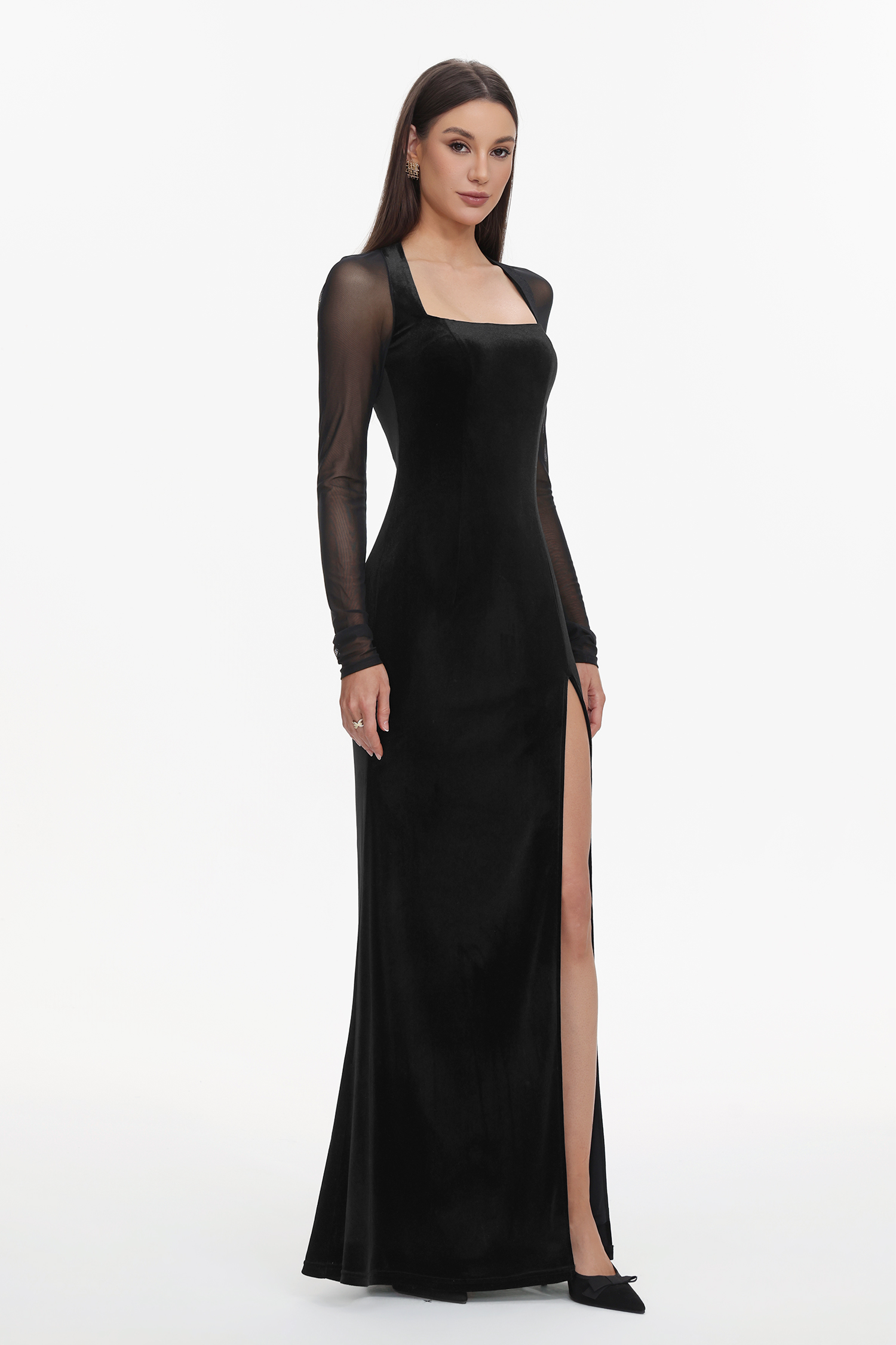 Rae Elegant  Contour Long Sleeve High Slit Velvet Maxi Dress