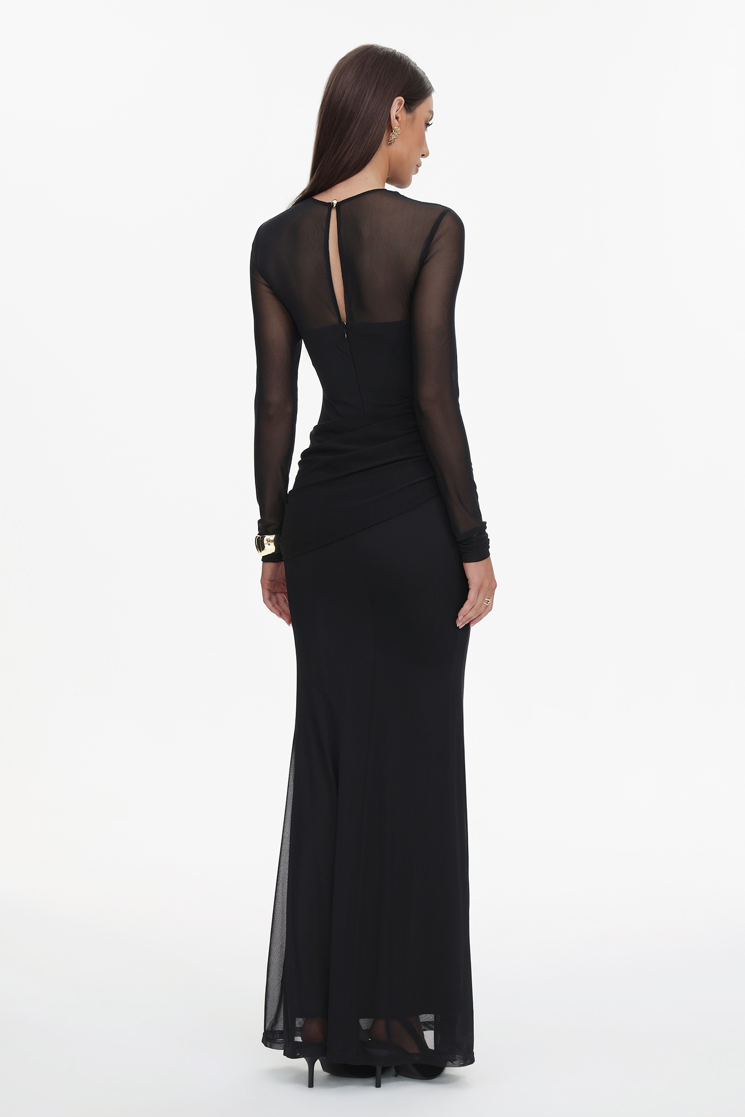Tiaka Elegant Contour Long Sleeve Drape Mesh Knit Maxi Dress