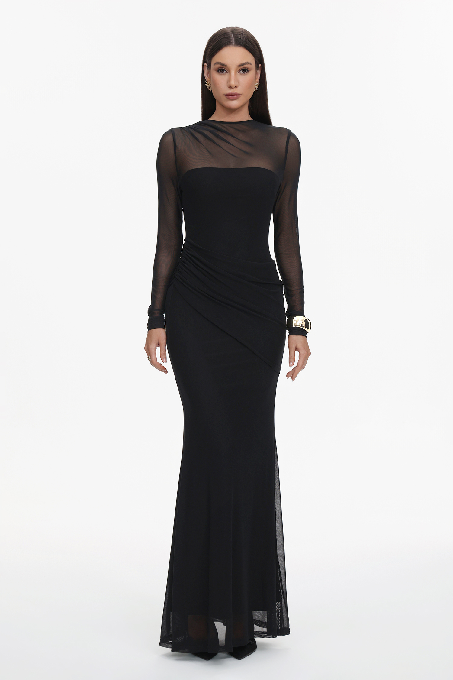 Tiaka Elegant Contour Long Sleeve Drape Mesh Knit Maxi Dress