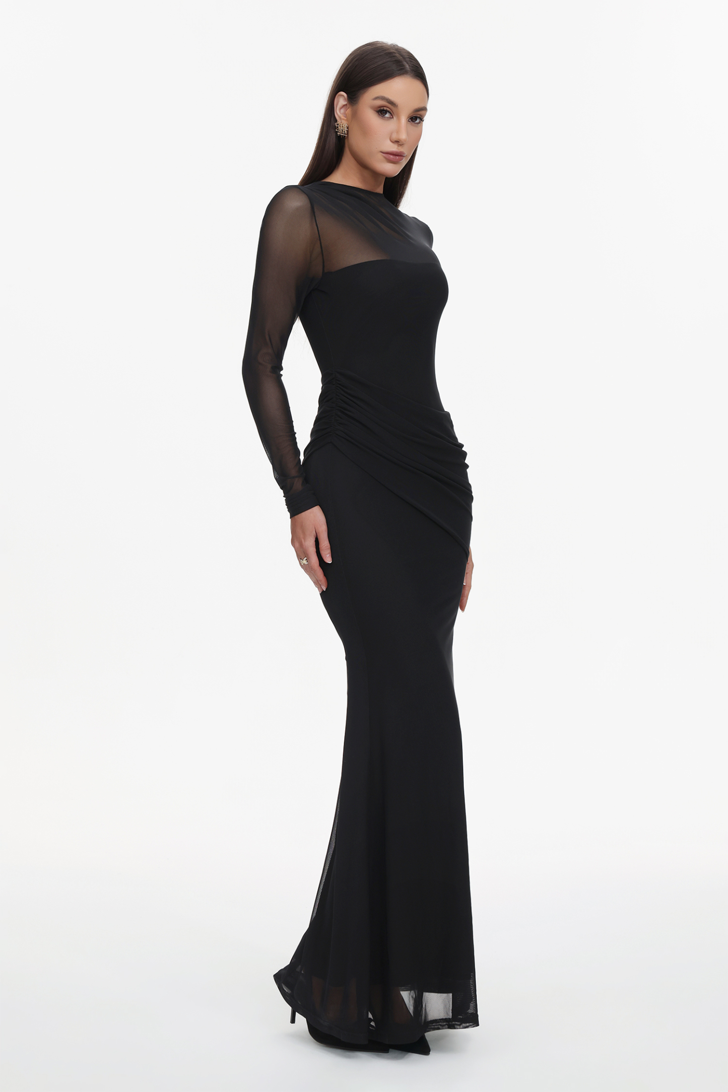 Tiaka Elegant Contour Long Sleeve Drape Mesh Knit Maxi Dress