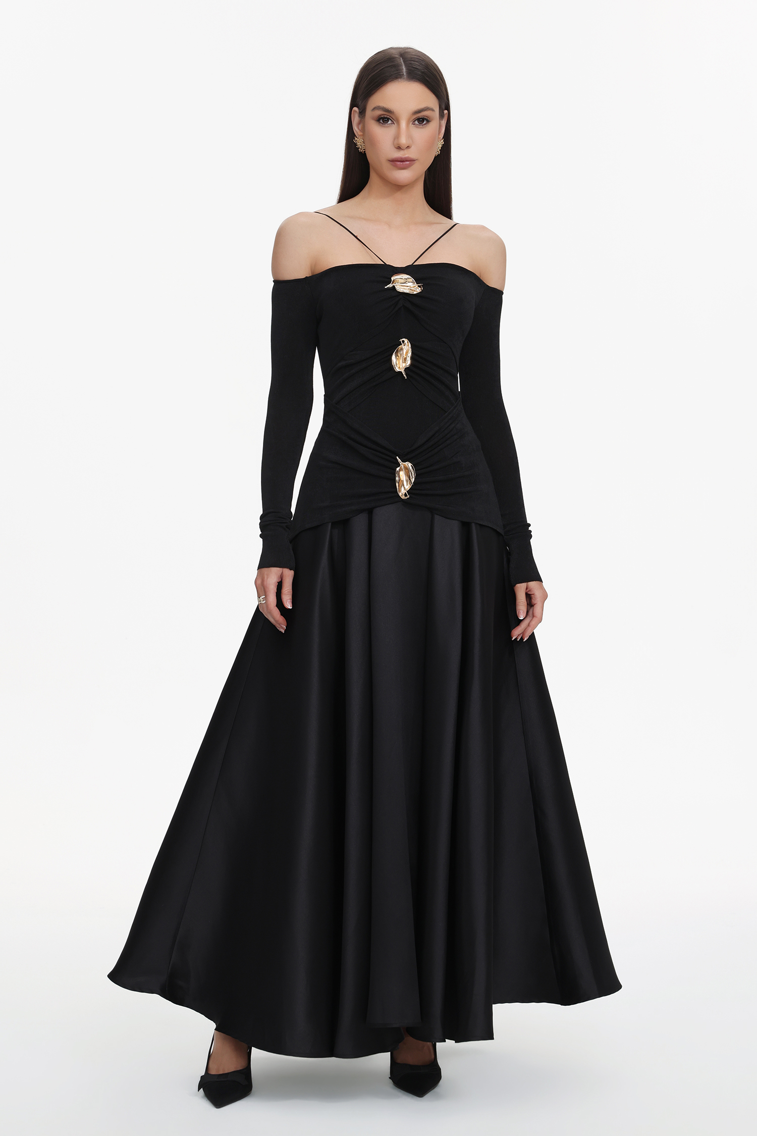 Gusia Halter Off-The-Shoulder Long Sleeves Black Maxi Dress
