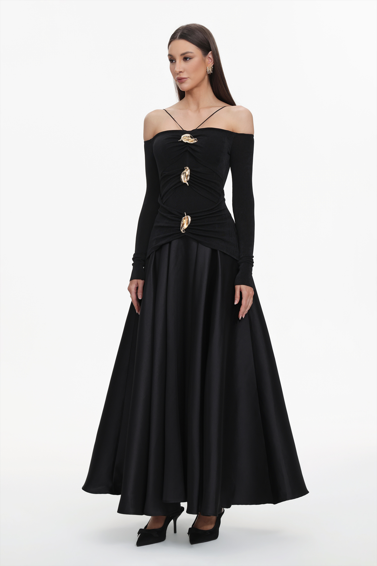 Gusia Halter Off-The-Shoulder Long Sleeves Black Maxi Dress