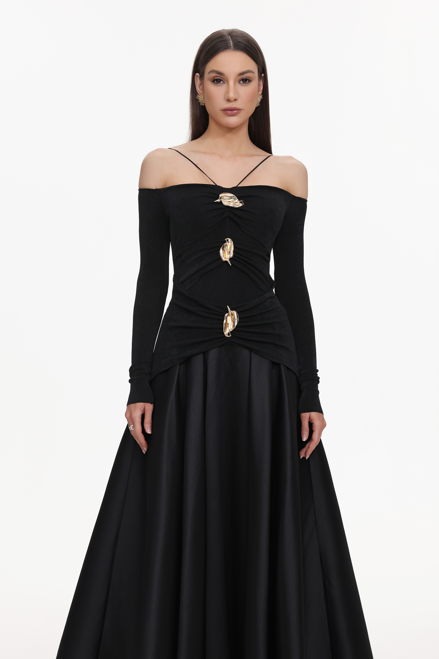 Gusia Halter Off-The-Shoulder Long Sleeves Black Maxi Dress