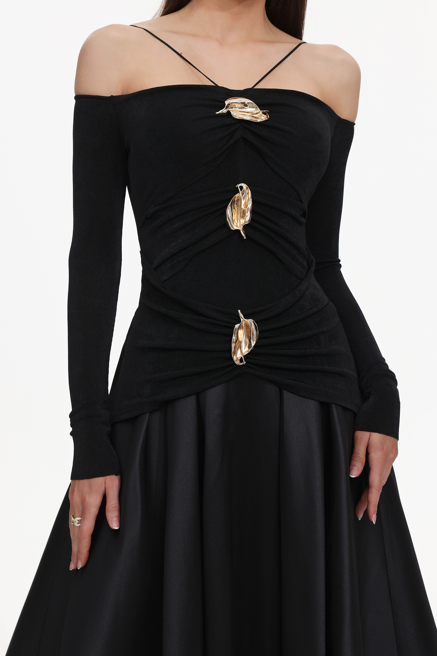 Gusia Halter Off-The-Shoulder Long Sleeves Black Maxi Dress