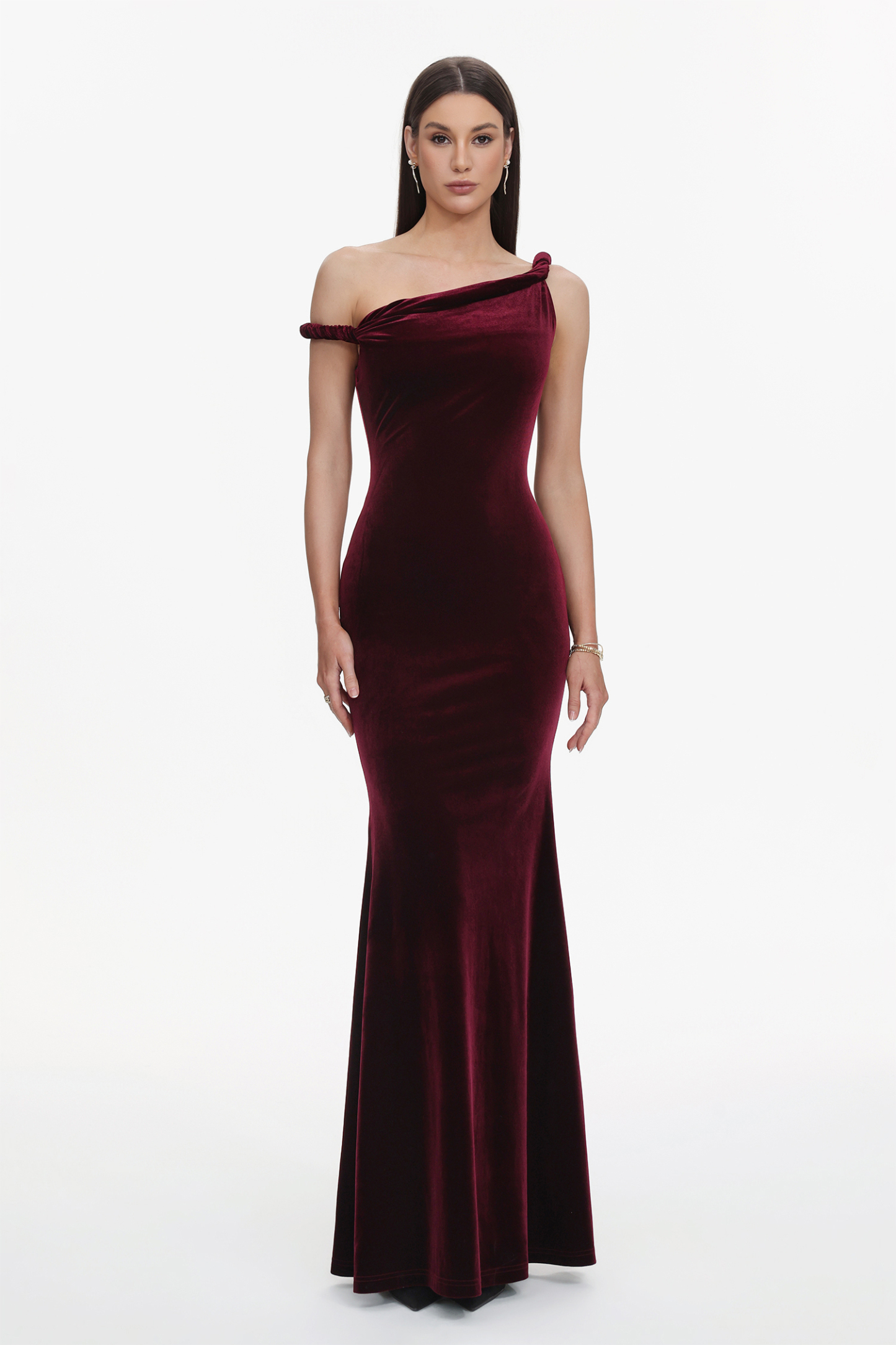 Tafari Romantic Contour Asymmetric Twist Velvet Maxi Dress