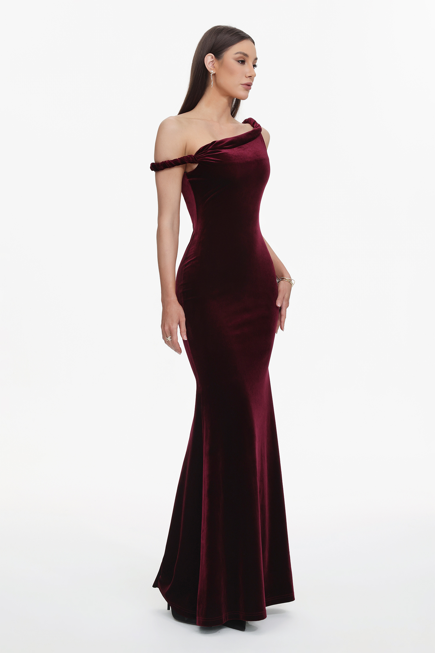 Tafari Romantic Contour Asymmetric Twist Velvet Maxi Dress