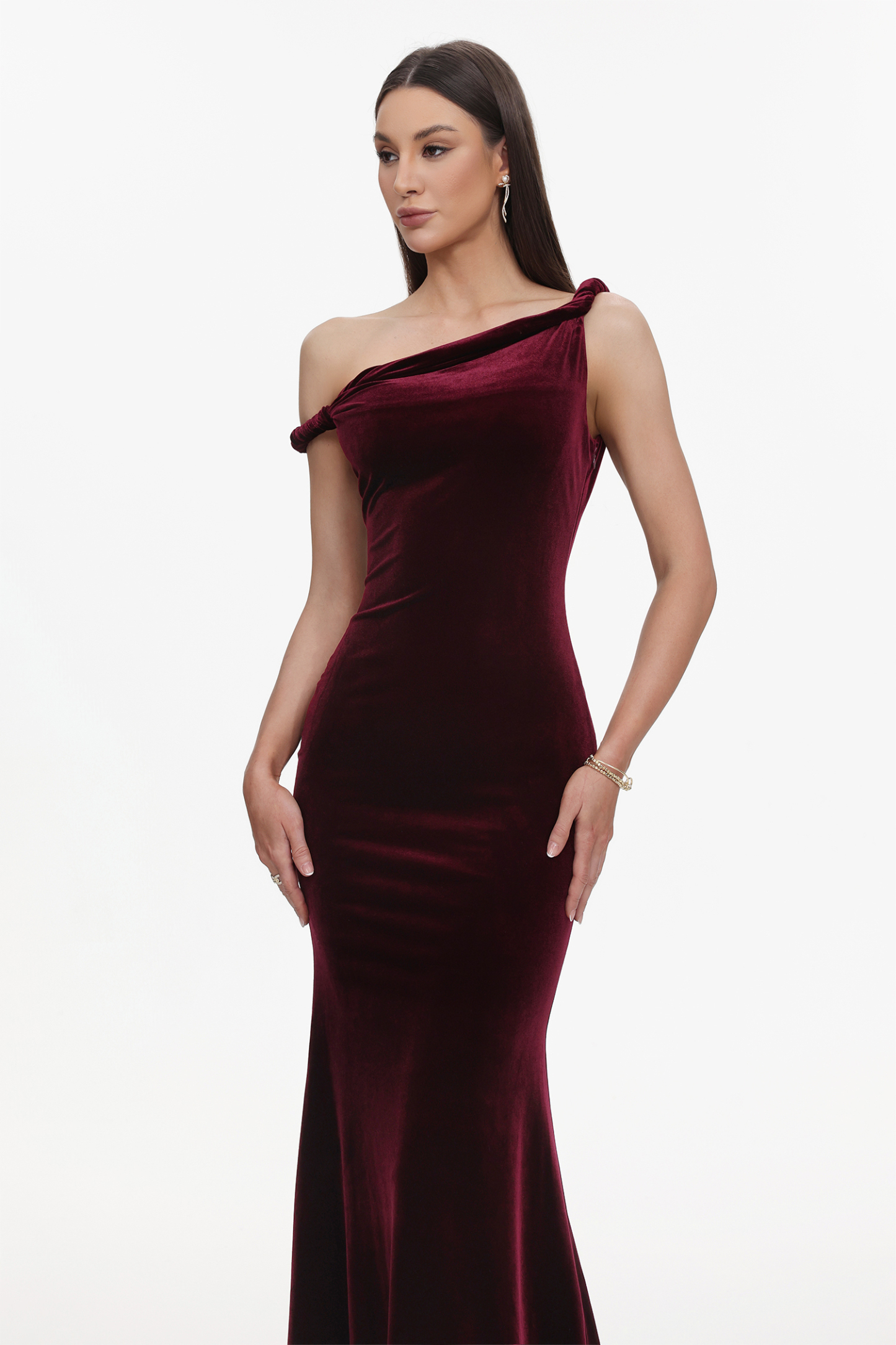 Tafari Romantic Contour Asymmetric Twist Velvet Maxi Dress