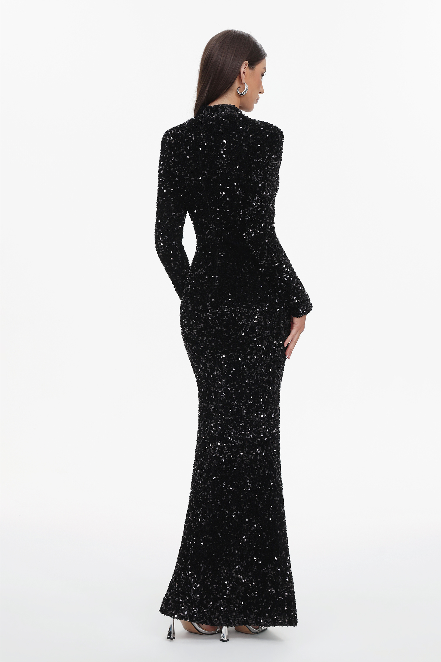 Melinda Glamorous Contour High Neck Long Sleeve Sequin Maxi Dress
