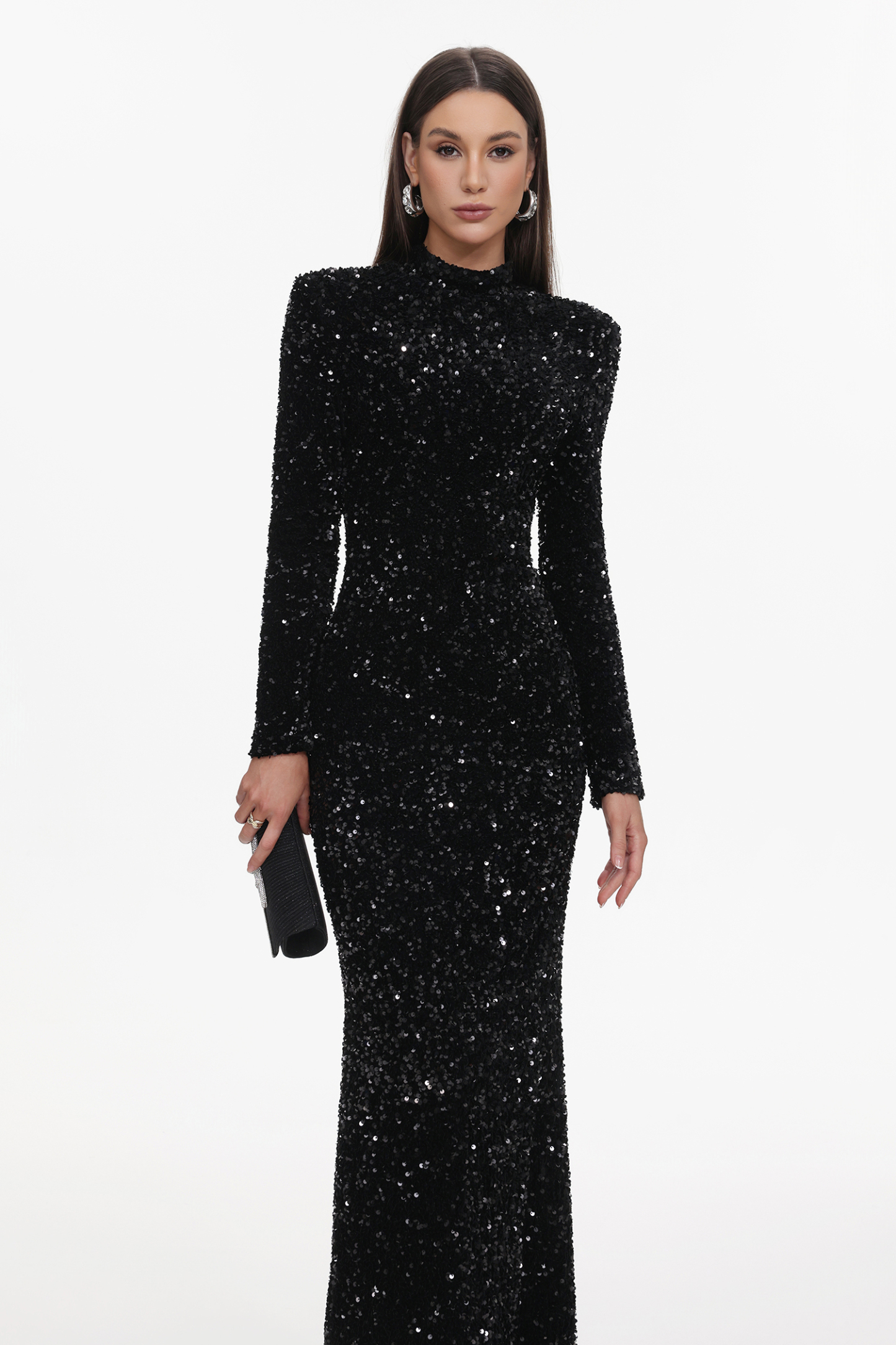 Melinda Glamorous Contour High Neck Long Sleeve Sequin Maxi Dress