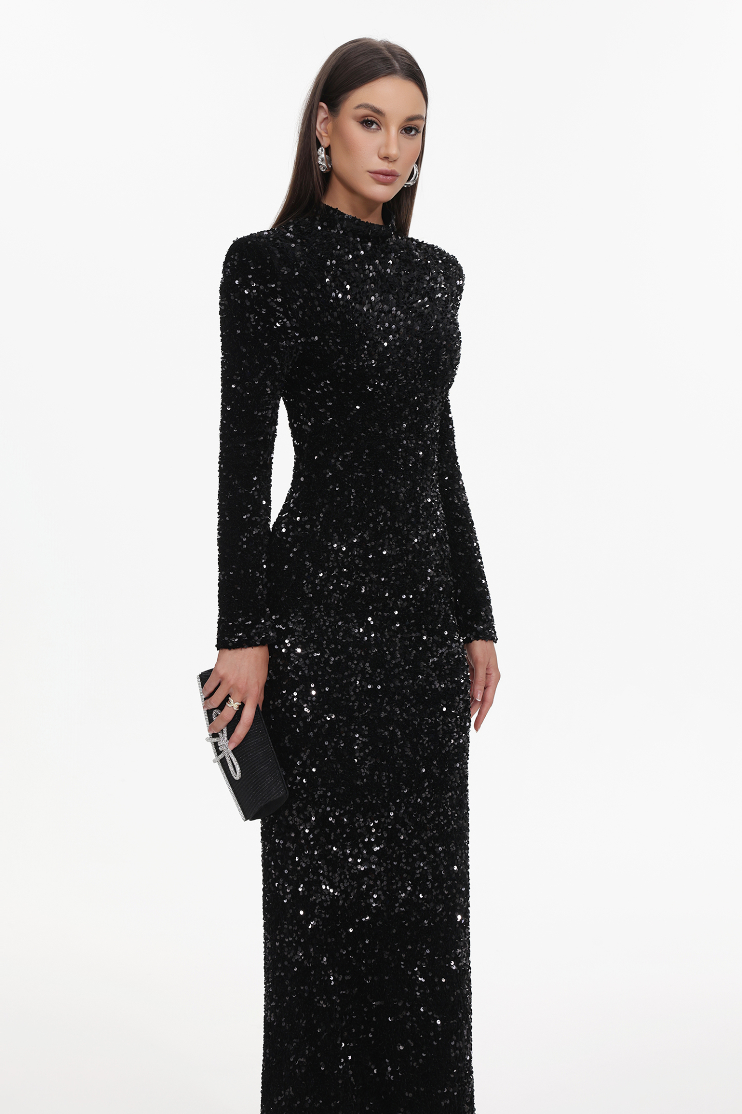 Melinda Glamorous Contour High Neck Long Sleeve Sequin Maxi Dress