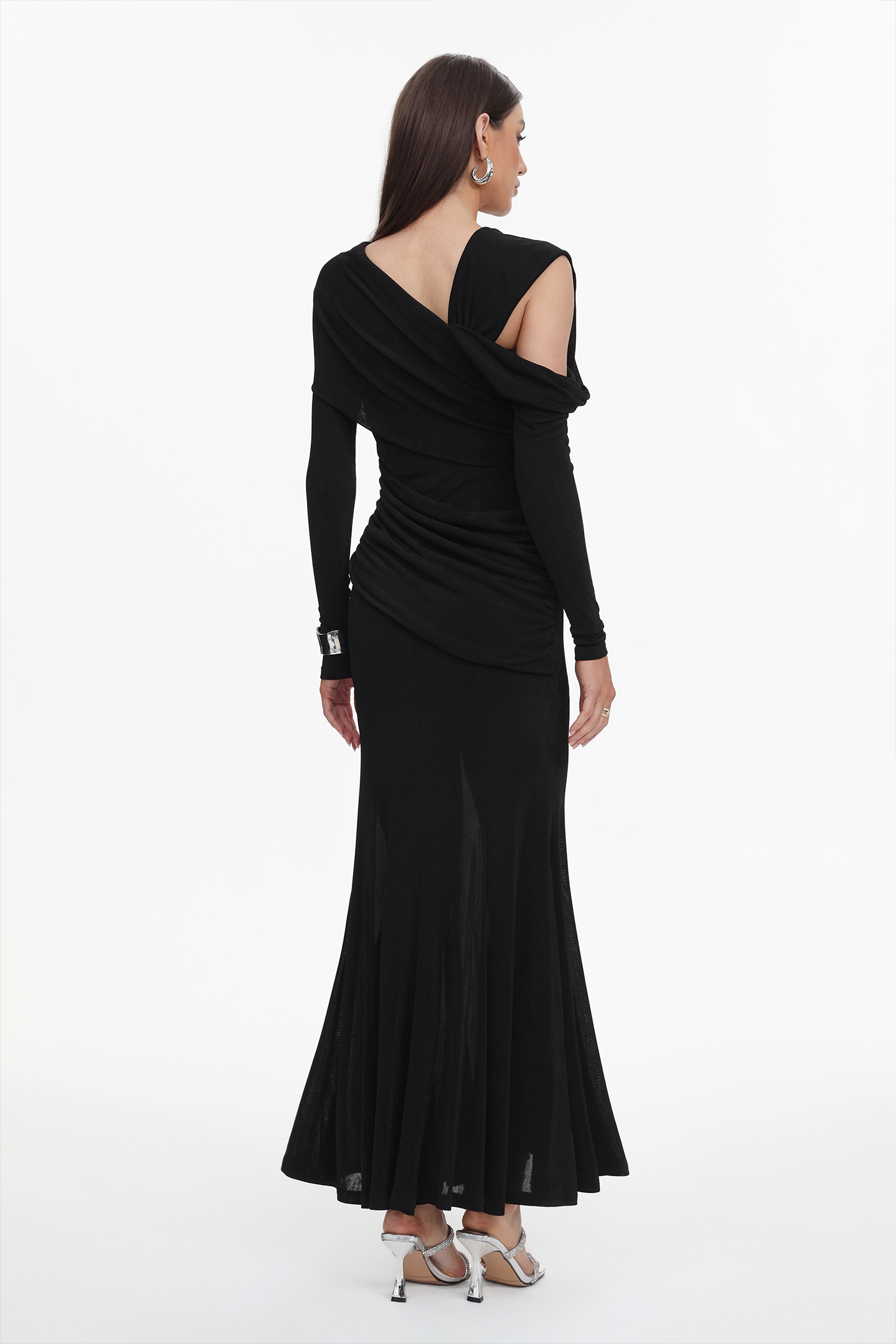 Luysa Elegant Contour One Shoulder Ruched Knit Black Maxi Dress