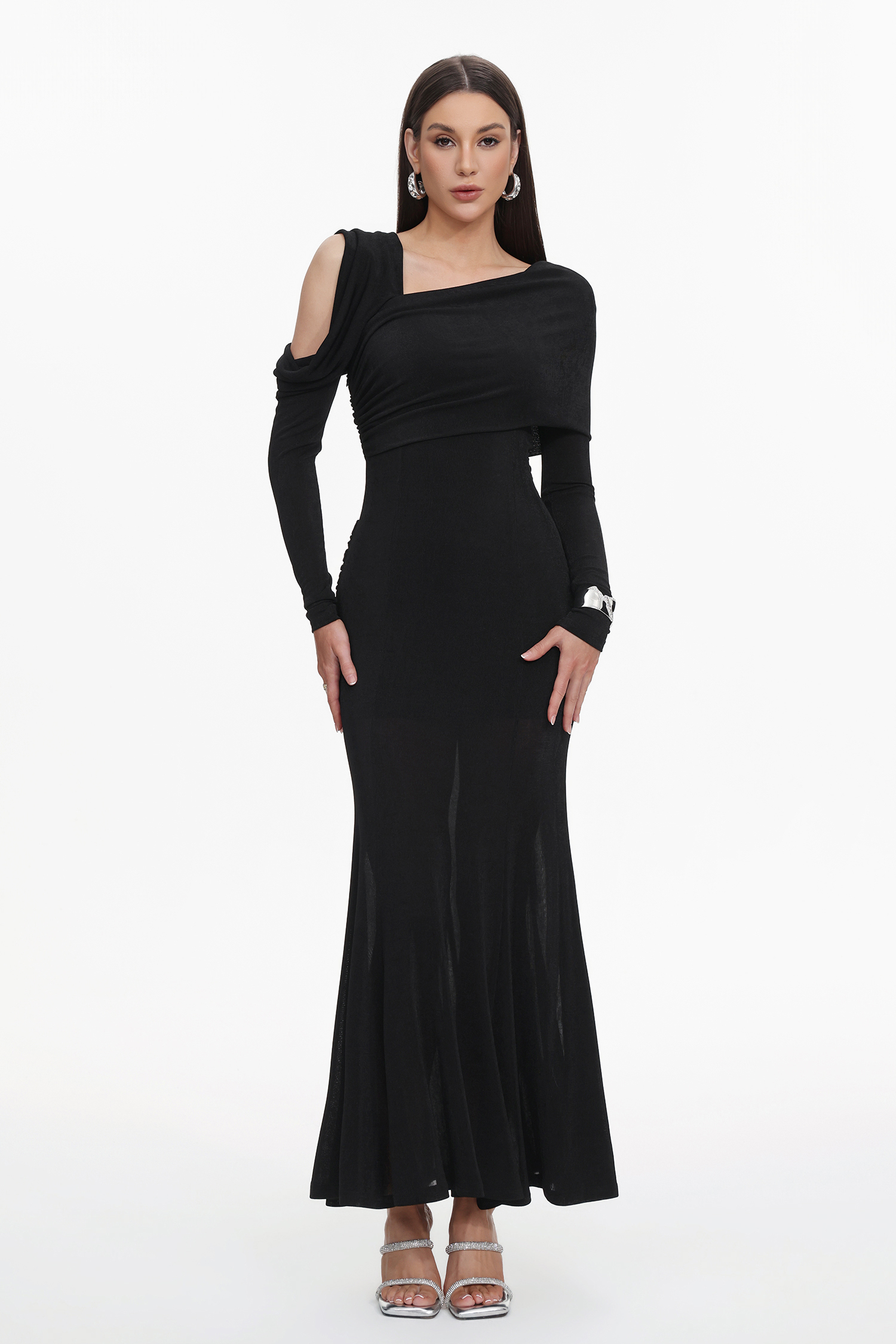 Luysa Elegant Contour One Shoulder Ruched Knit Black Maxi Dress